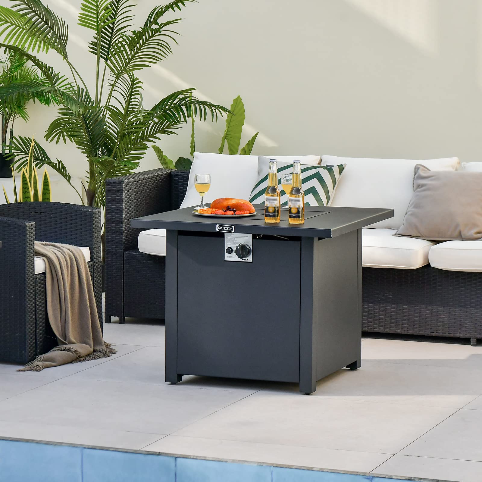 Tangkula 32 Inch Outdoor Propane Fire Pit Table - 50,000 BTU Square Patio Heater with Clear Glass Rocks & PVC Cover, Easy Ignition System - Perfect for Backyard, Poolside, Deck, and Garden Gatherings