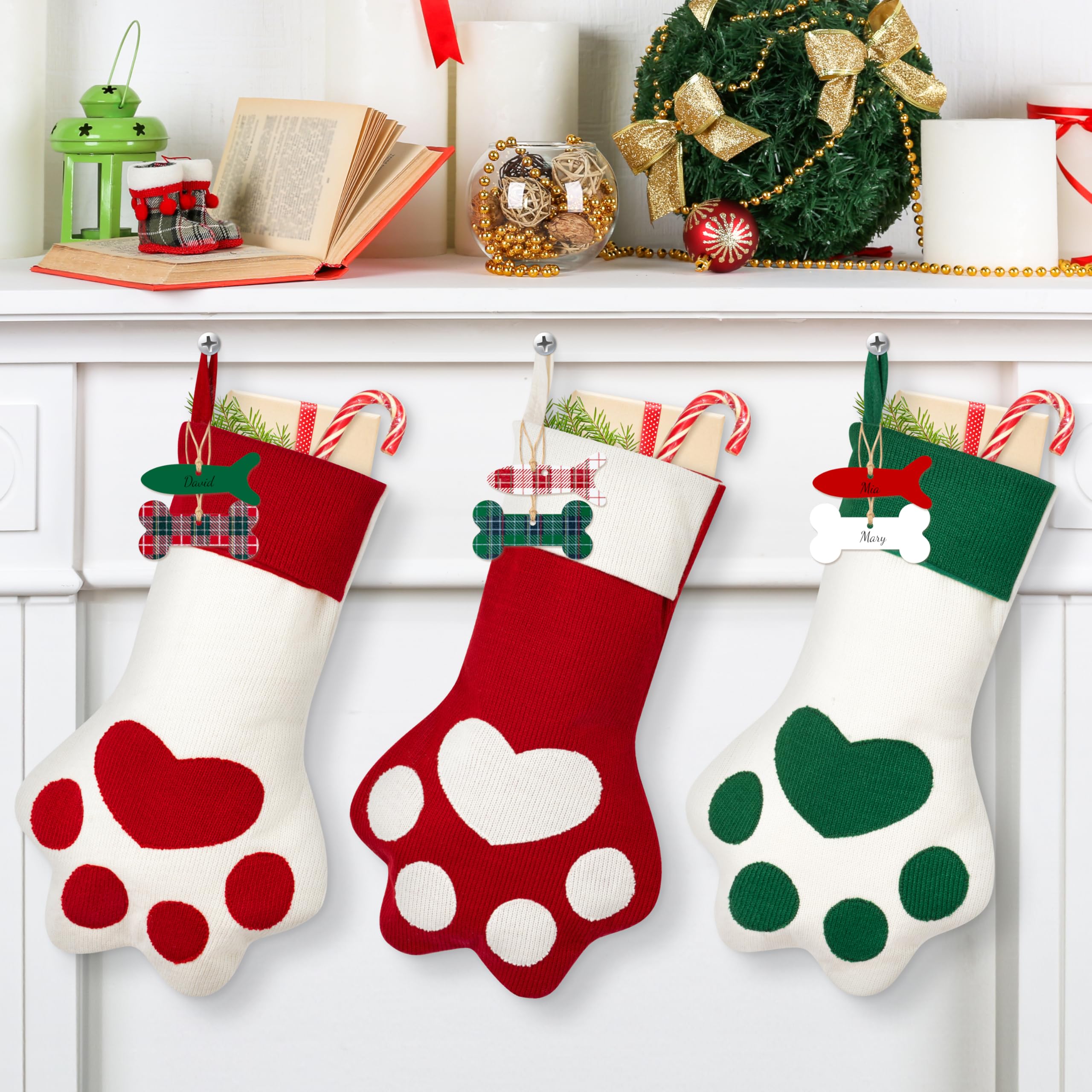 Personalized Pet Christmas Stockings - 3 Pack Large Paw Shape Stocking with Bone Wooden Name Tag for Dogs & Cats | Knit Xmas Hanging Stockings for Fireplace, Tree & Holiday Party Decorations | Perfect for Christmas Eve Gifts & Festive Home Decor