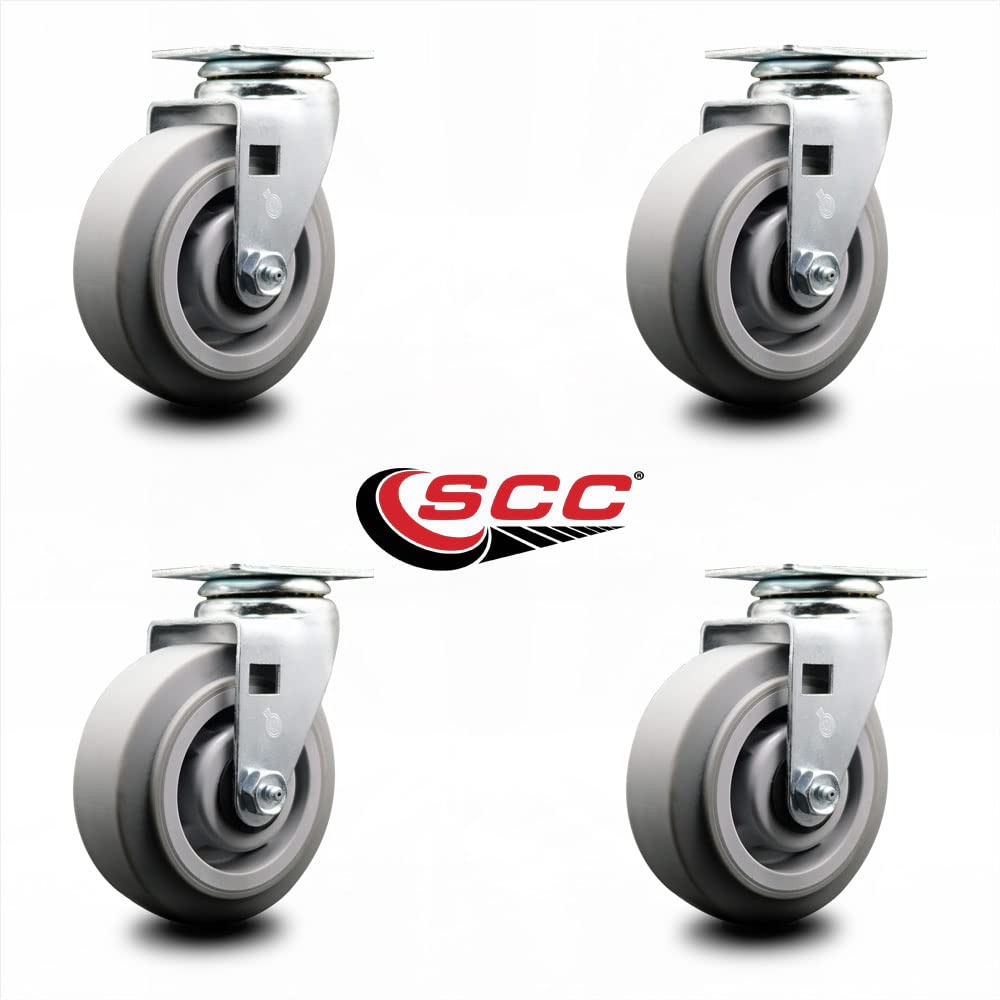 5 Inch Swivel Top Plate Caster Set with 2 Inch Gray Thermoplastic Rubber Wheels - Ball Bearing Heavy Duty Casters (1800 lbs Capacity) - Set of 4 for Industrial Equipment, Workbenches, and Furniture Movers