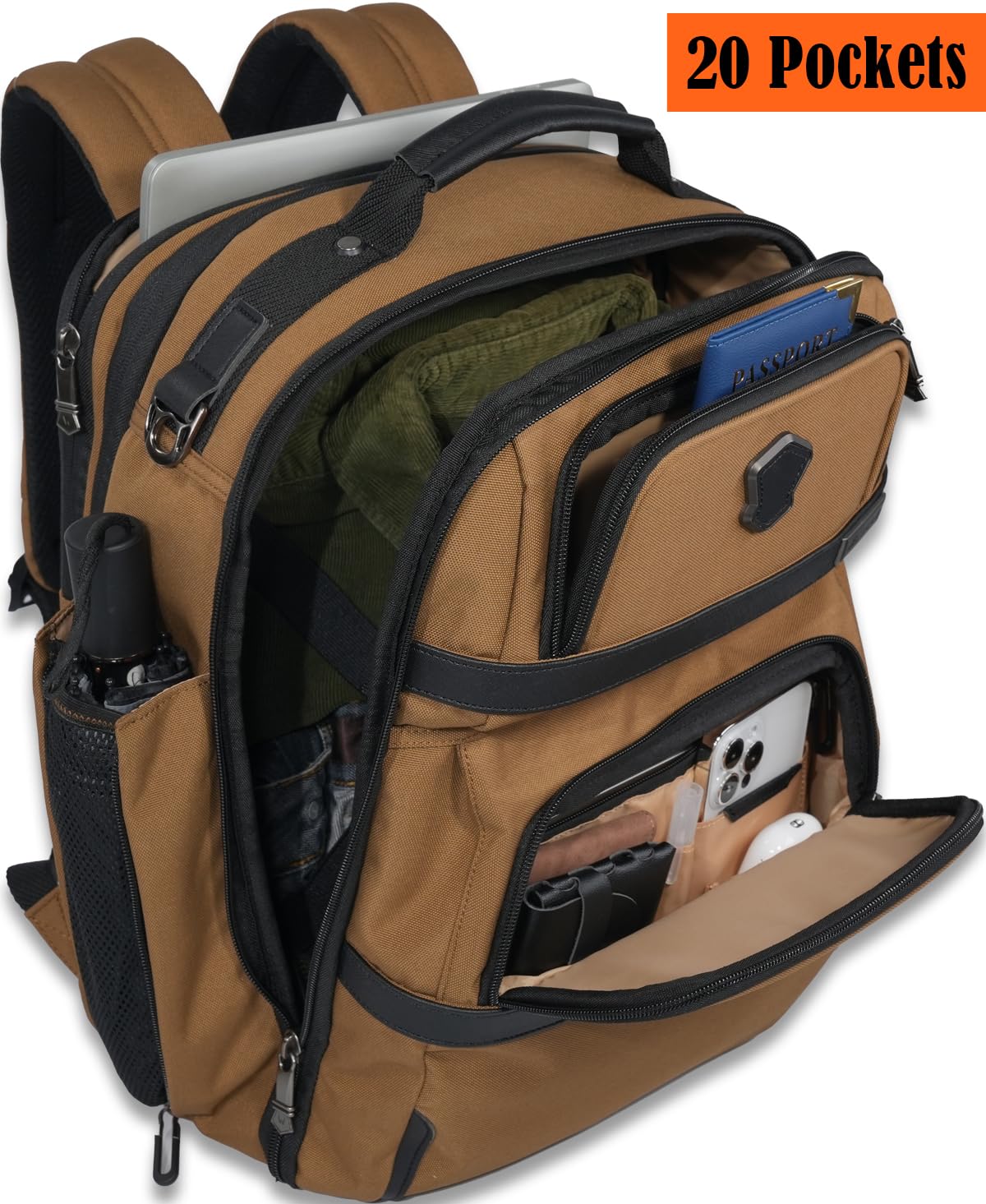 WELKINLAND 20-Pocket Expandable Travel Backpack for Men - 16-Inch Laptop Carry-On Backpack with Trolley Sleeve & Shoe Compartment - Perfect for Business Trips, Air Travel & Weekend Getaways