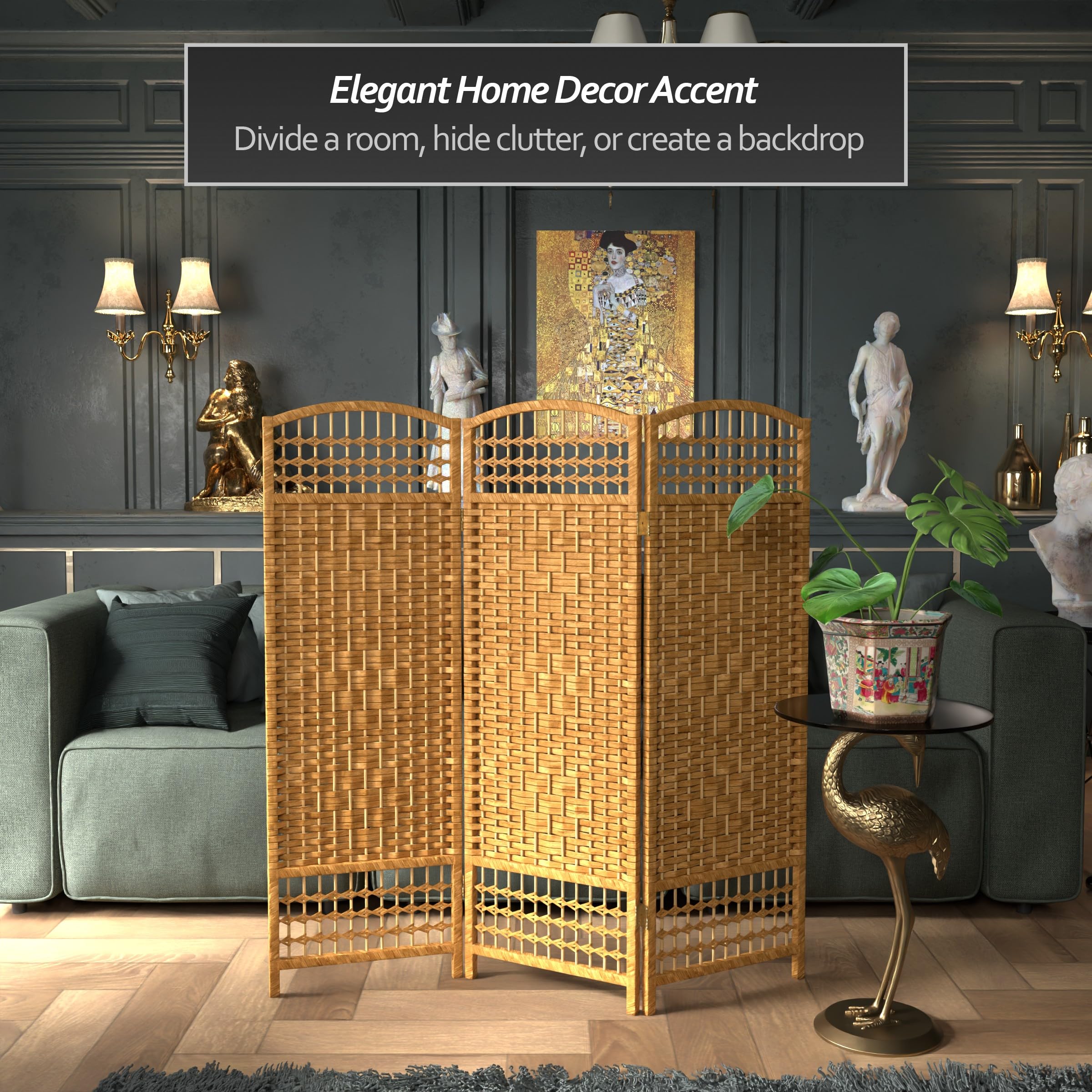 4 ft. Short Fiber Weave Folding Room Divider Screen - Light Beige - 3 Panel Privacy Partition for Home, Office & Events - Perfect for Living Room, Bedroom or Wedding Decor