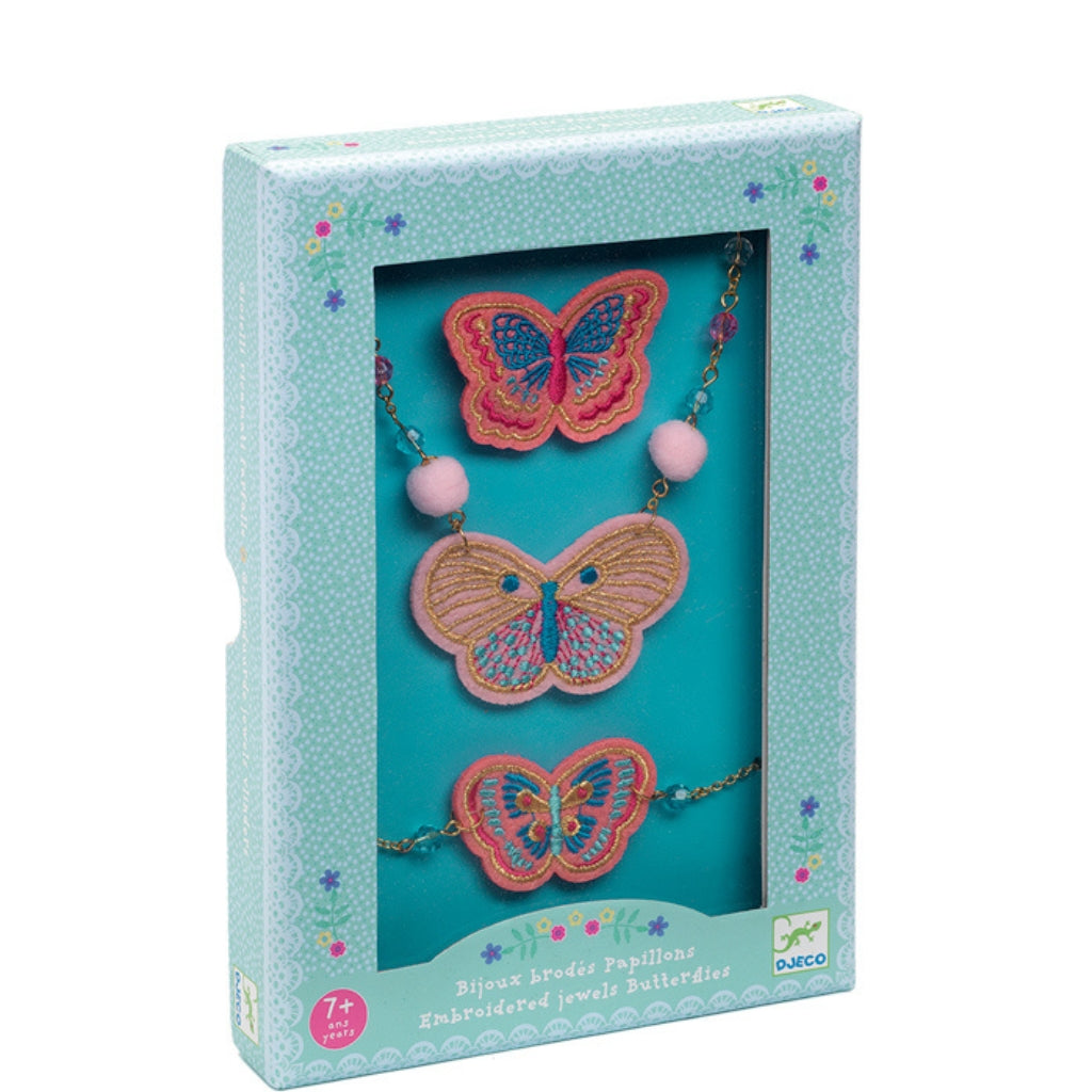 Djeco Embroidered Jewels Butterflies Set - DIY Craft Kit for Kids & Teens - Creative Handmade Jewelry Making for Parties, Gifts & Dress Up