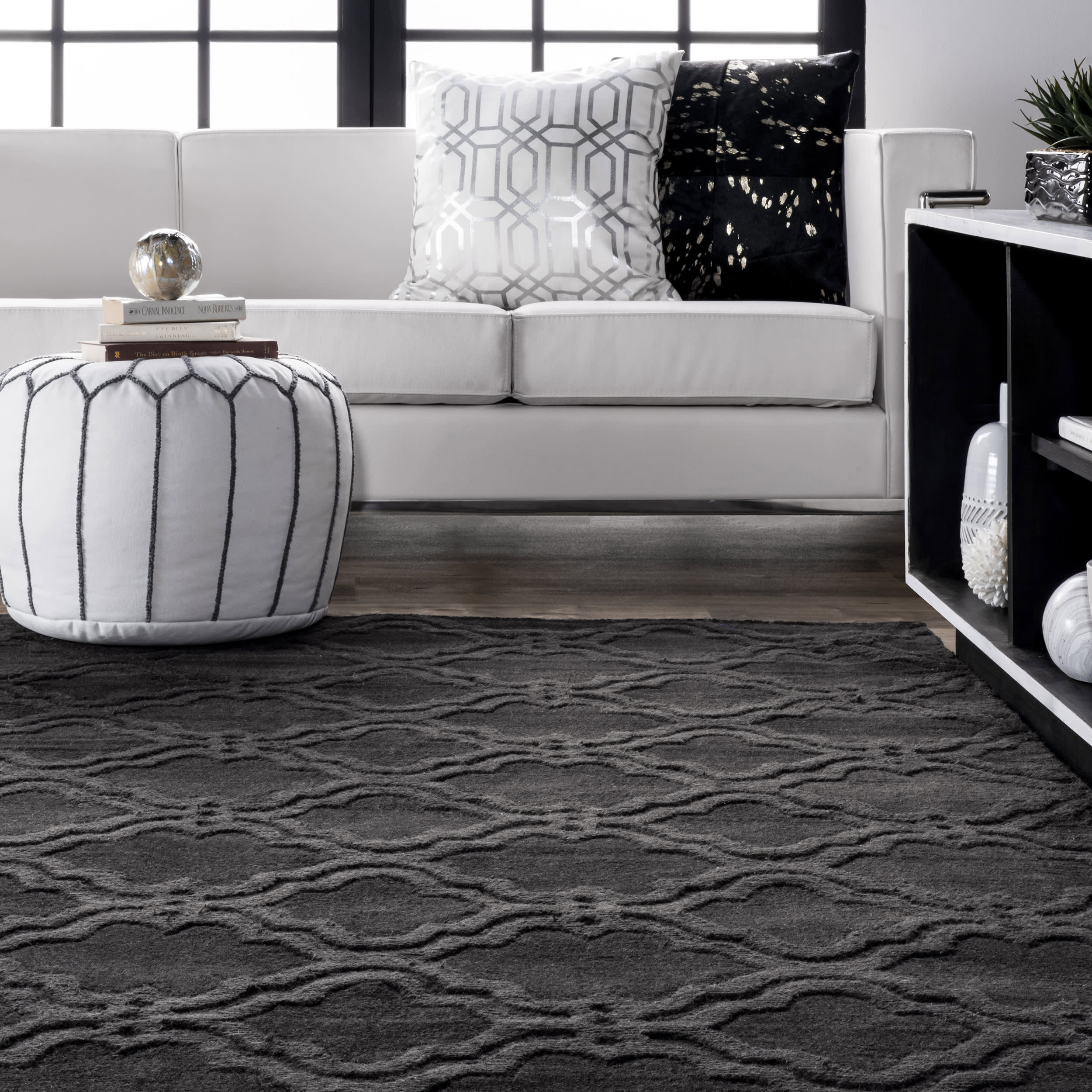 Double Carved Trellis Rug in Charcoal - Elegant Bohemian Style Area Rug for Living Room, Bedroom & Home Decor