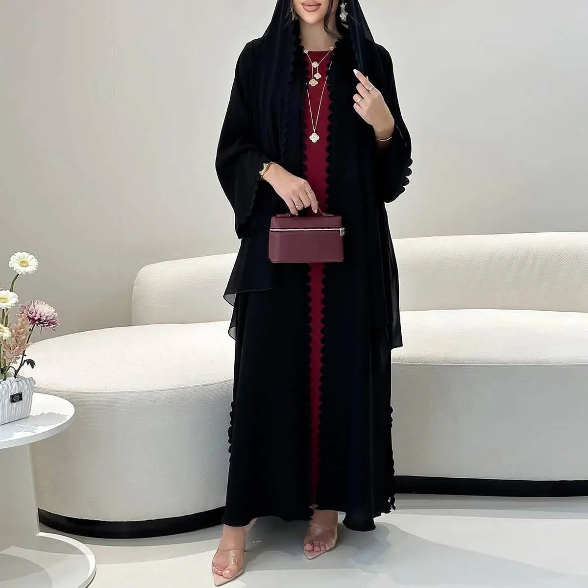 Elegant Open Front Cardigan Abaya Dress with Matching Hijab - Modest Muslim Women's Clothing for Prayer, Mosque & Special Occasions