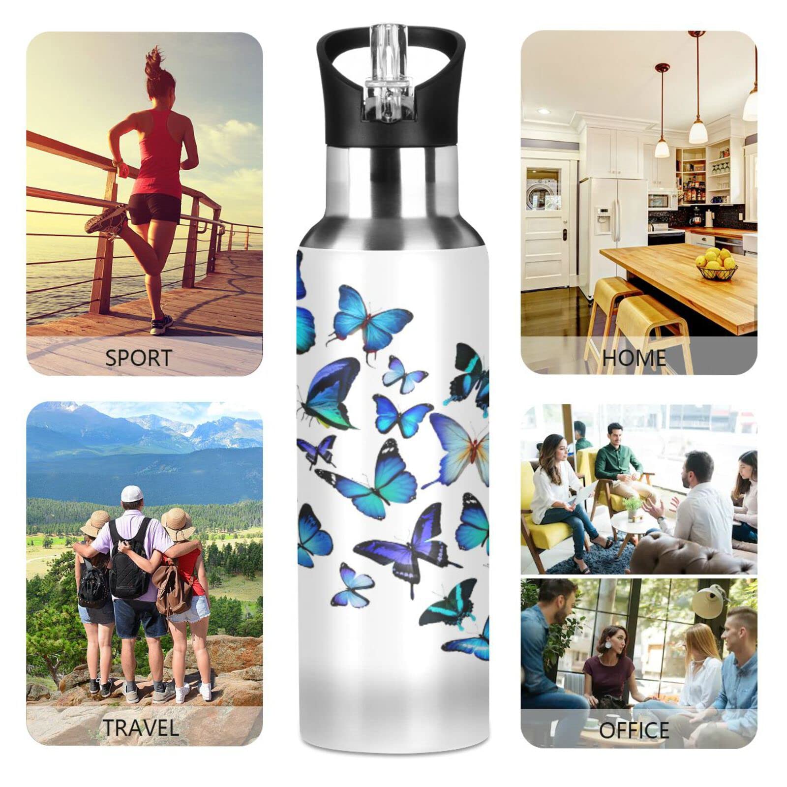 Kcldeci 20oz Blue Butterfly Stainless Steel Water Bottle - Leak Proof, Vacuum Insulated, Double Walled Thermo Mug for Hot & Cold Drinks - Perfect for Sports, Gym, Hiking, Travel & Outdoor Activities