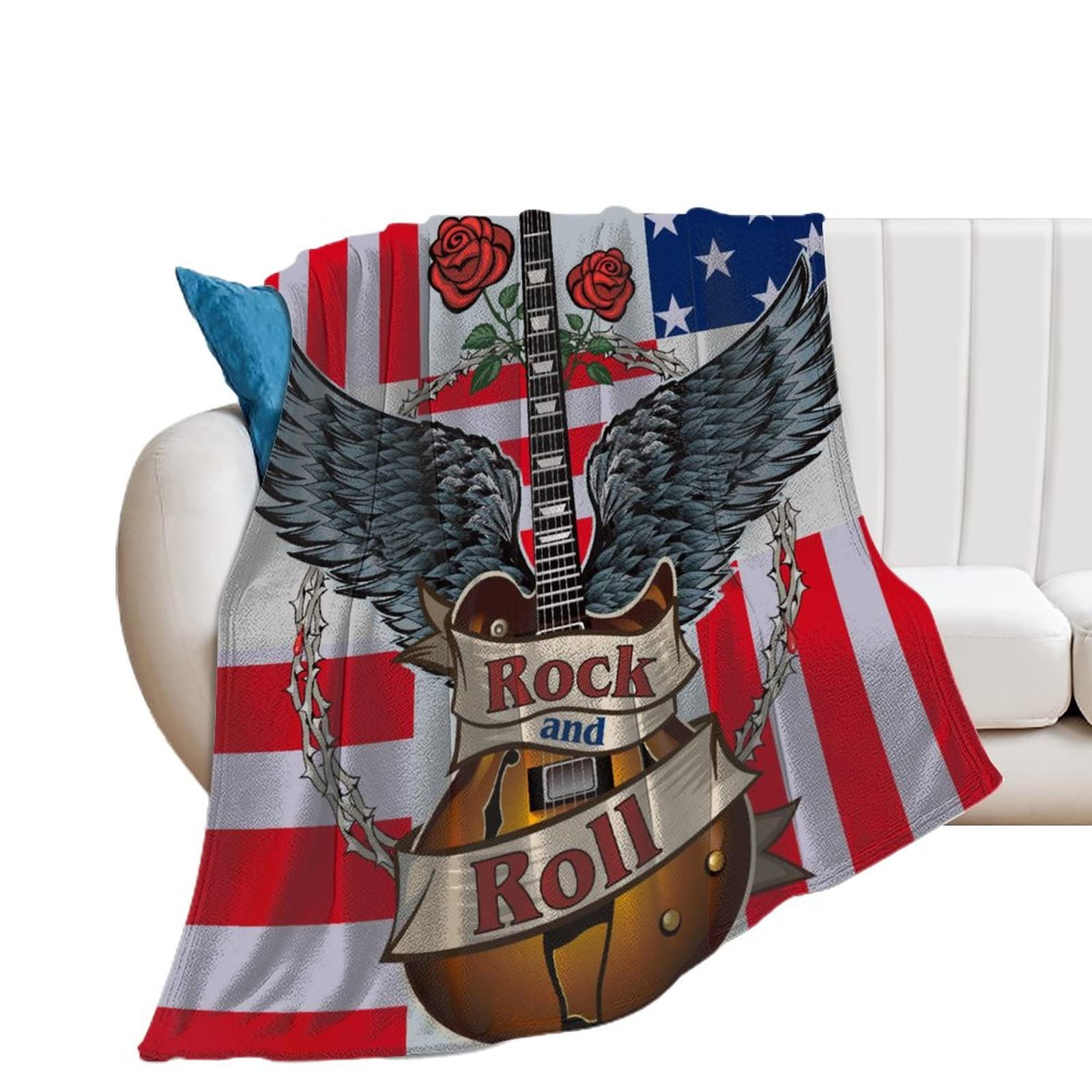 Soft Plush Fleece Blanket with Electric Guitar & USA Flag Design - Cozy Microfiber Flannel Throw for Couch, Bed, Sofa - Perfect for Camping, Travel & Music Lovers' Home Decor