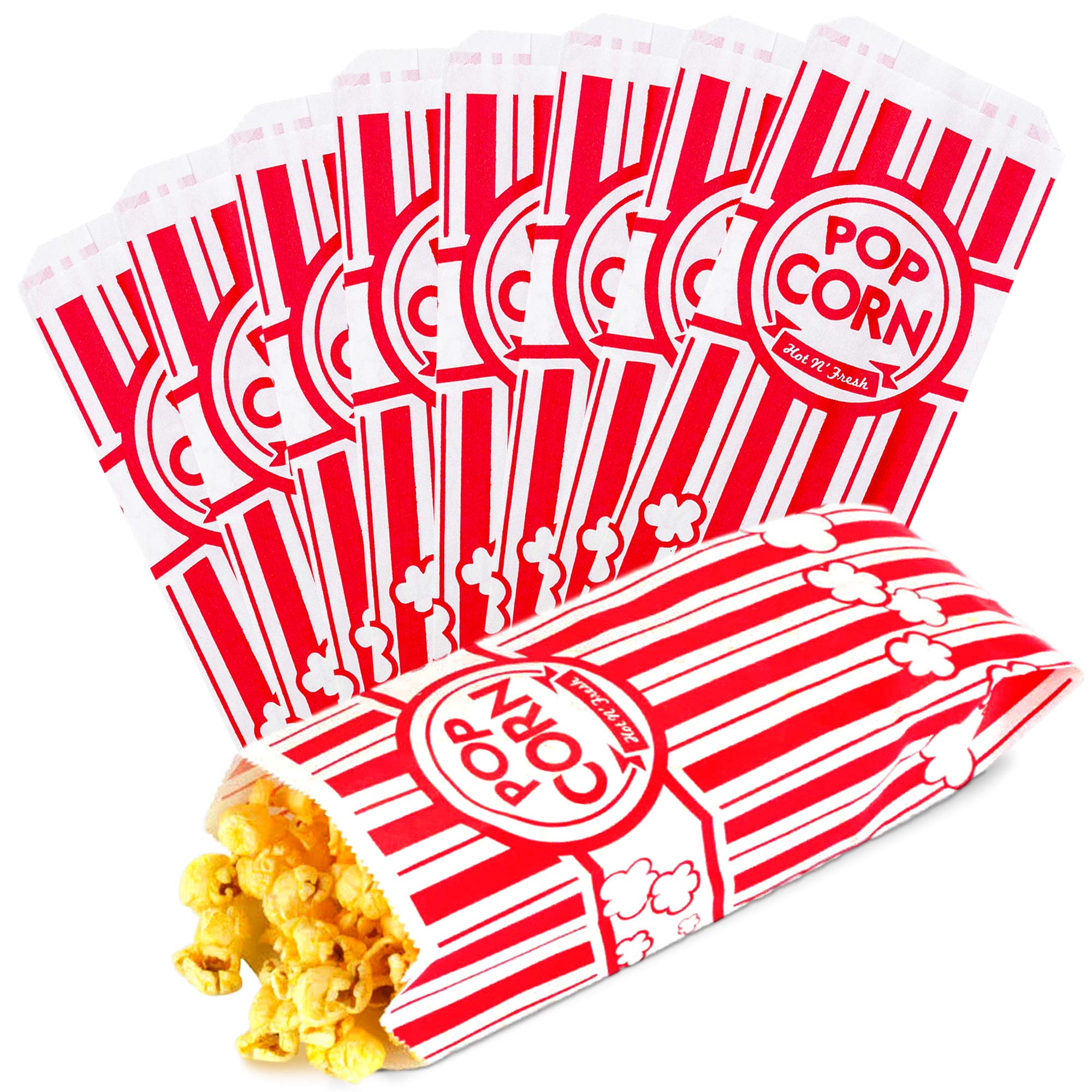 [2000 Pack] 2 oz Disposable Popcorn Bags - Red & White Striped Leakproof Flat Bottom Paper Containers for Movie Theaters, Birthday Parties, Carnivals | Perfect for Concession Stands, Home Movie Nights & Event Snack Serving