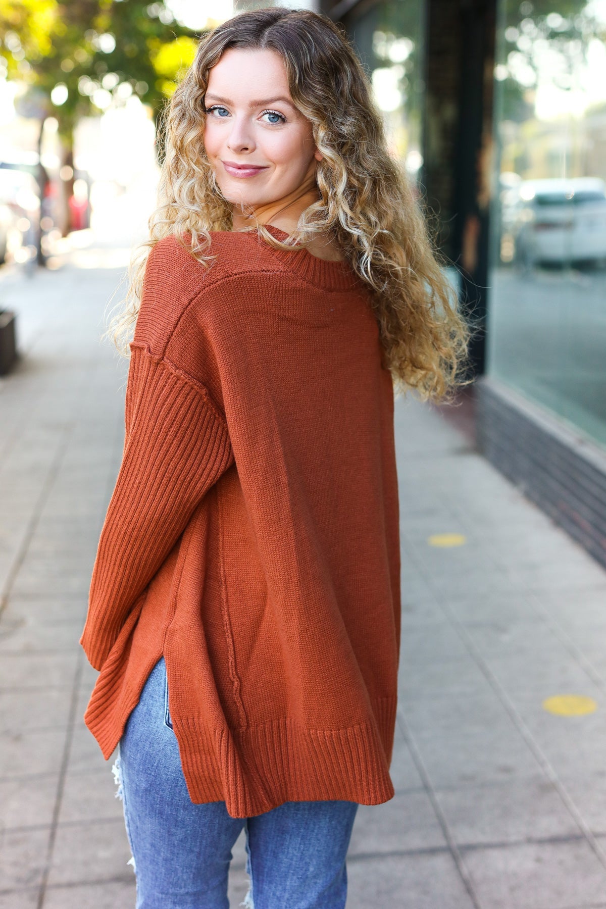 Stylish Rust Oversized V-Neck Rib Knit Sweater for Women | Cozy Fall & Winter Pullover | Perfect for Casual Outings, Date Nights & Office Wear