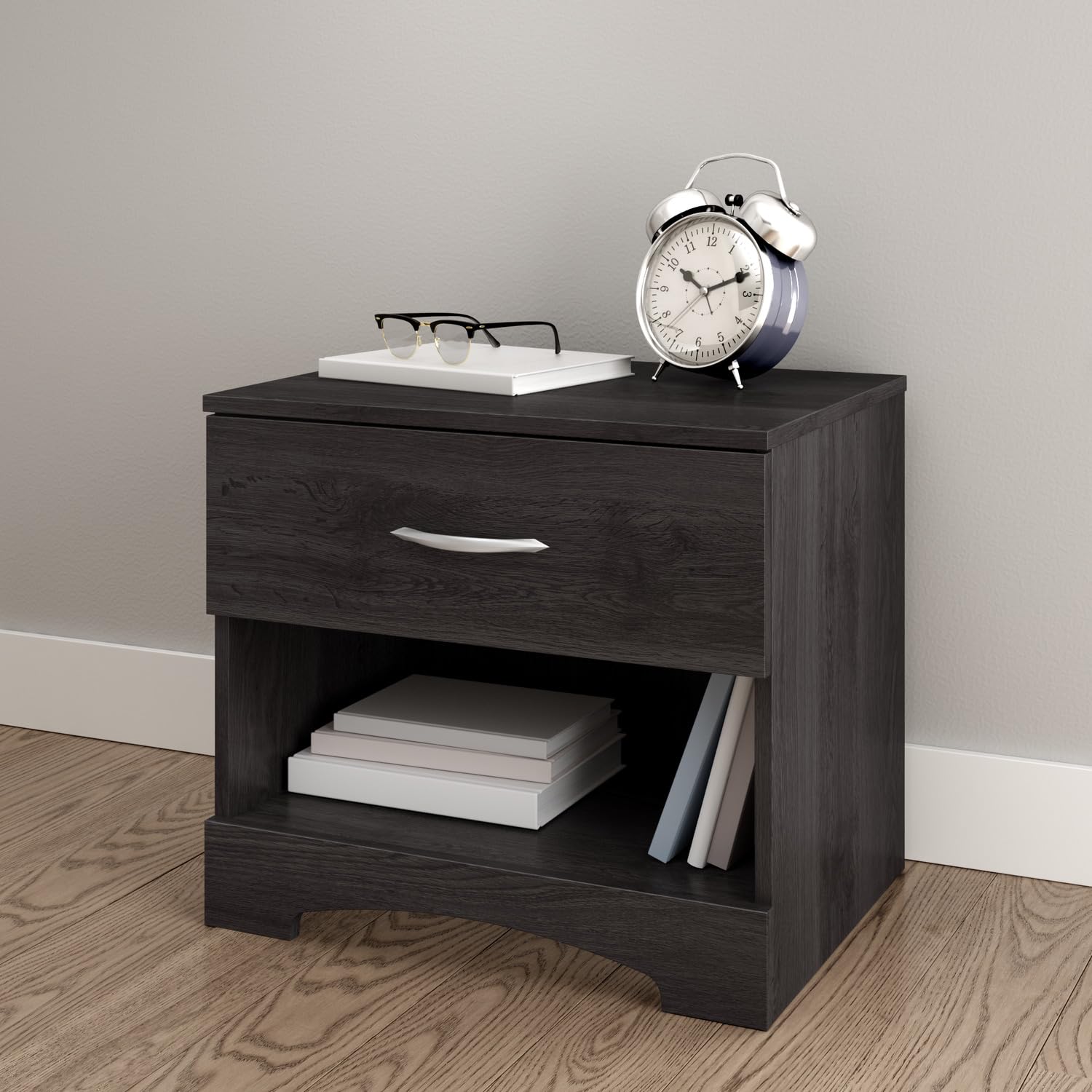 South Shore Step One 1-Drawer Nightstand, Gray Oak - Modern Bedside Table for Small Spaces, Perfect for Bedrooms, Dorms & Apartments
