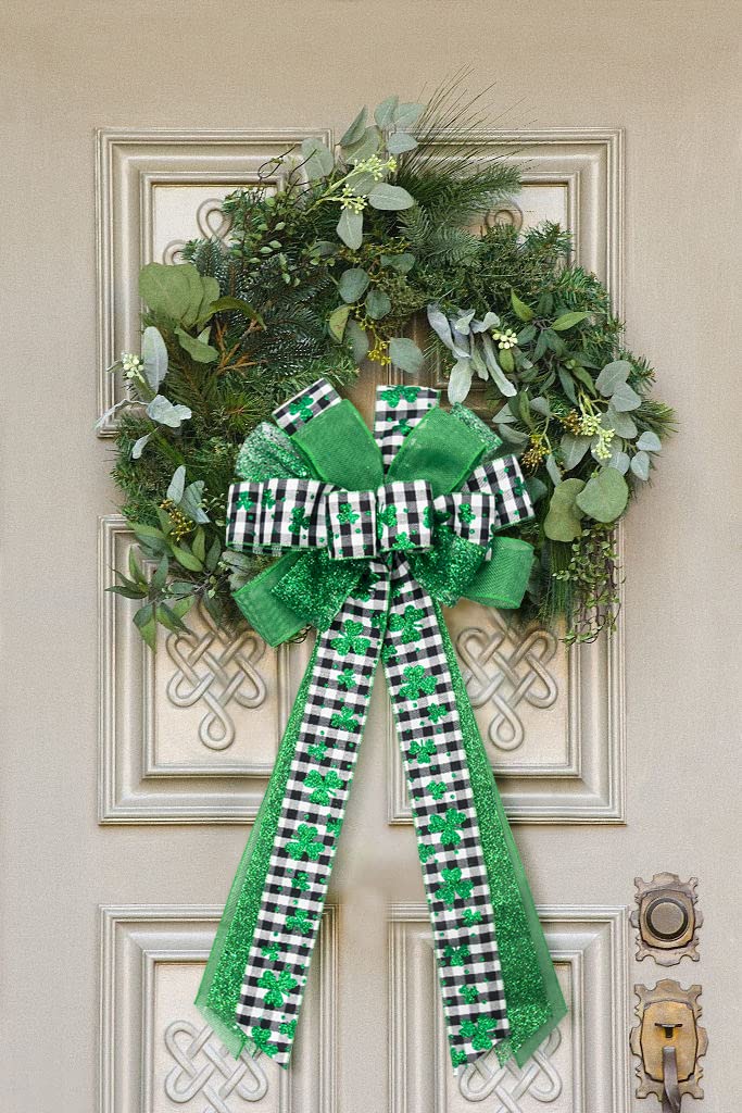 Large St. Patrick's Day Bows for Wreaths - Black & White Buffalo Plaid with Green Irish Shamrock - Holiday Burlap Tree Topper & Front Door Decor - Perfect for Wreath Making, Door Hangers, and St. Patrick's Day Party Decorations