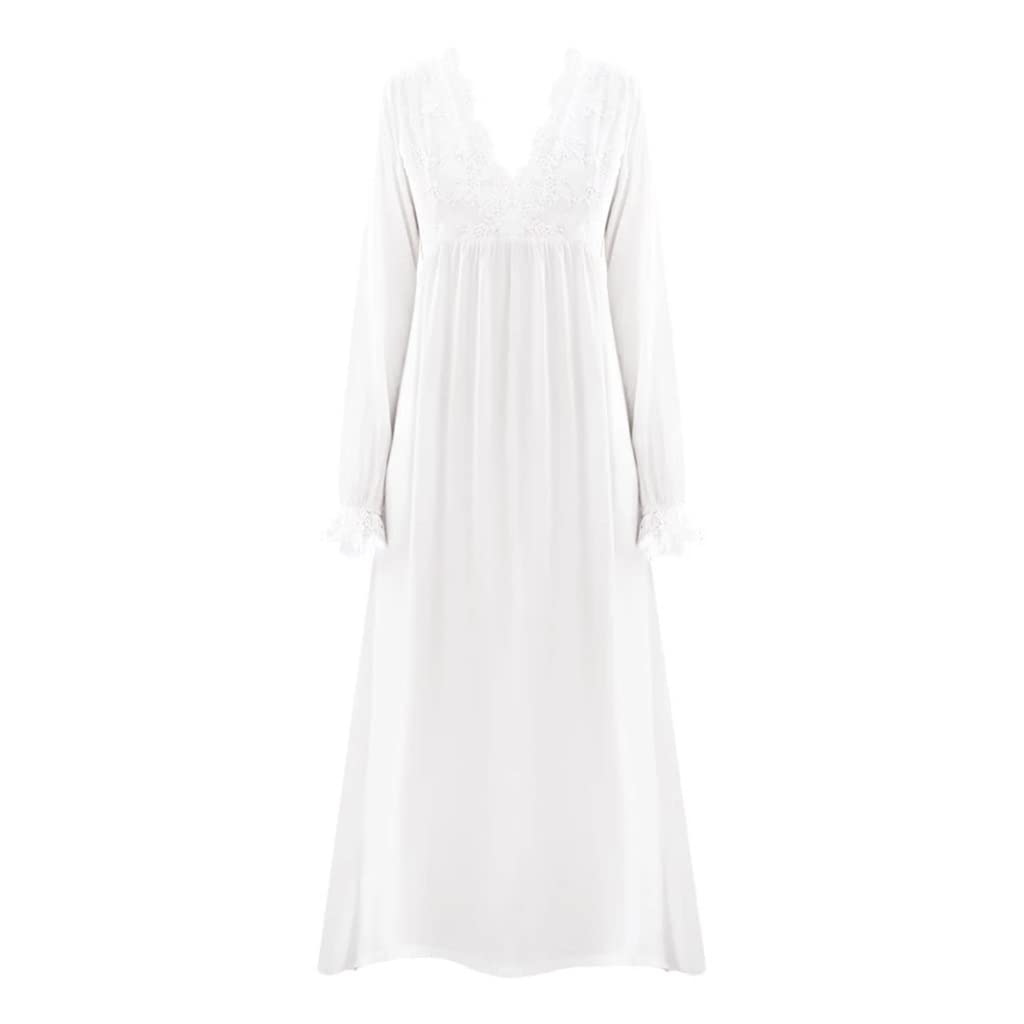Women's Long Sleeve Lace V-Neck Nightdress - Soft Casual Pajama Dress for Home & Sleepwear (White, XL) | Perfect for Lounging, Bedtime & Relaxing at Home