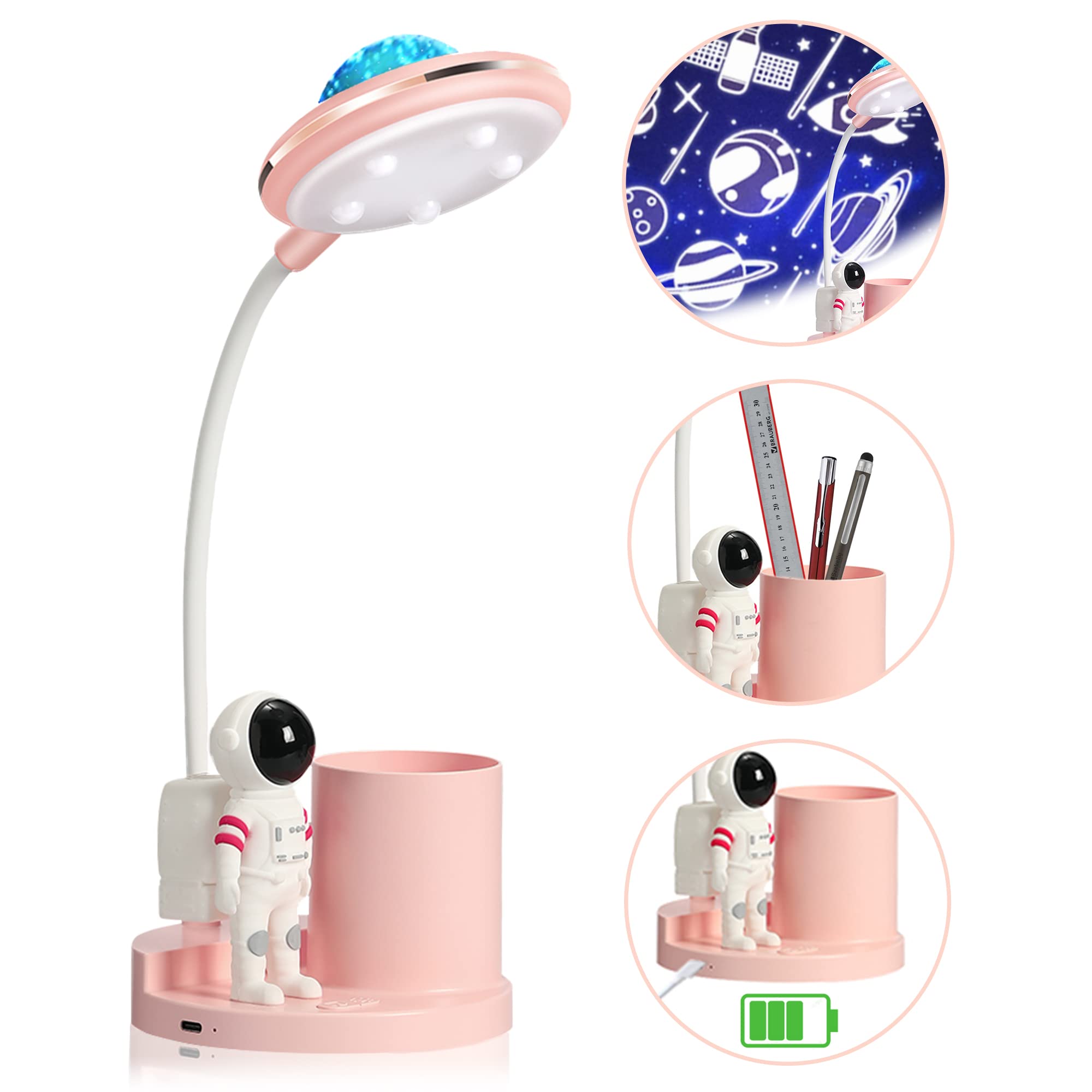 Astronaut LED Desk Lamp for Kids - USB Charging Night Light with Pen Holder | Eye-Caring Study Light for Girls, Students & Dorm Rooms | Perfect for Bedtime Reading, Homework & Room Decor