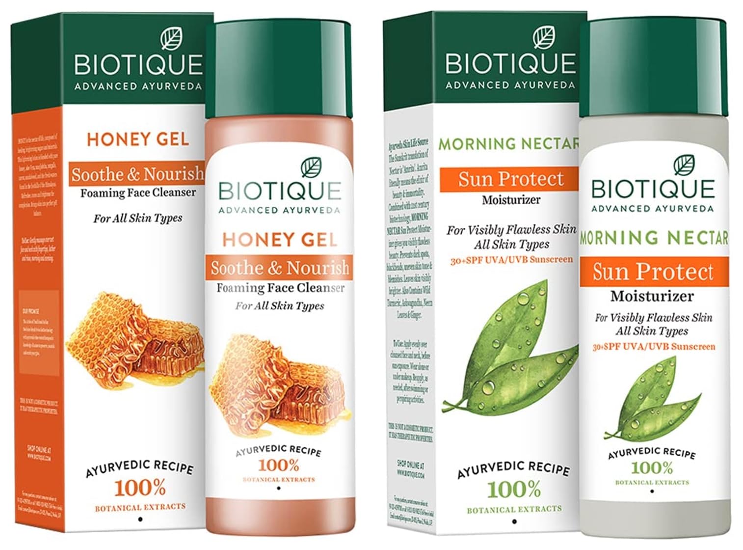 Biotique Bio Honey Gel Refreshing Foaming Face Cleanser & Bio Morning Nectar Sunscreen SPF 30+ - 120ml Each | Gentle Daily Skincare Routine for Oily & Sensitive Skin | Perfect for Morning & Night Use