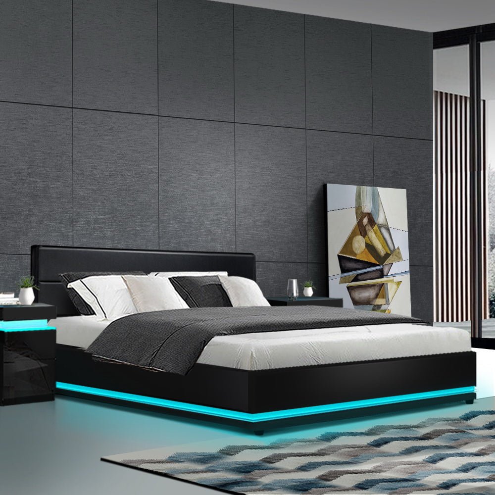 Henley King Gas Lift Storage Bed Frame with LED Lights - Queen Size, Black, Modern Platform Bed with Underbed Storage for Small Spaces, Perfect for Apartments & Bedrooms