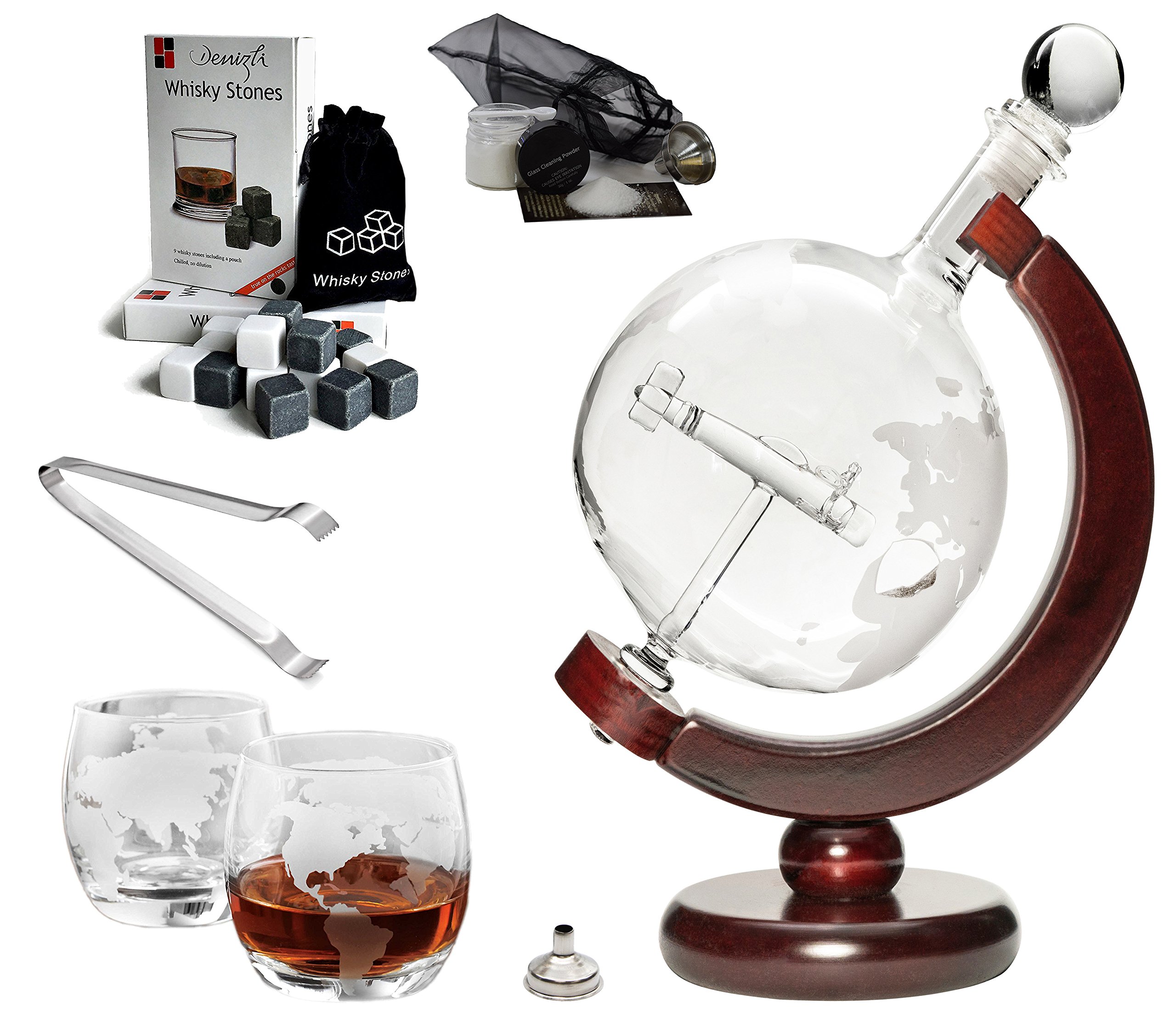 Handmade Whiskey Decanter Set - 50oz Large Etched Globe Glass Liquor Dispenser with 2 Matching Globe Design Glasses - Premium Barware for Home Entertaining & Gift Giving
