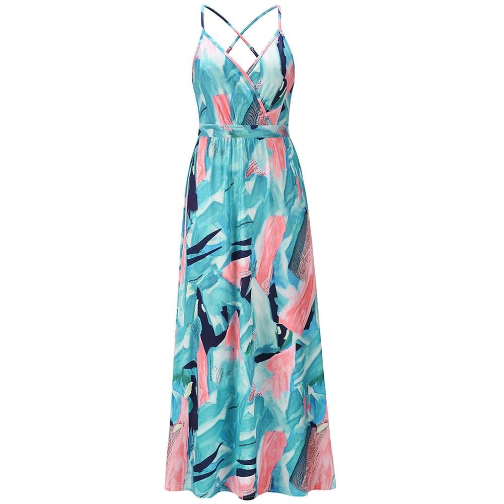 Bohemian Floral Print Women's Maxi Dress - V-Neck Spaghetti Strap Long Sling Dress for Beach Vacation, Summer Party & Casual Outings