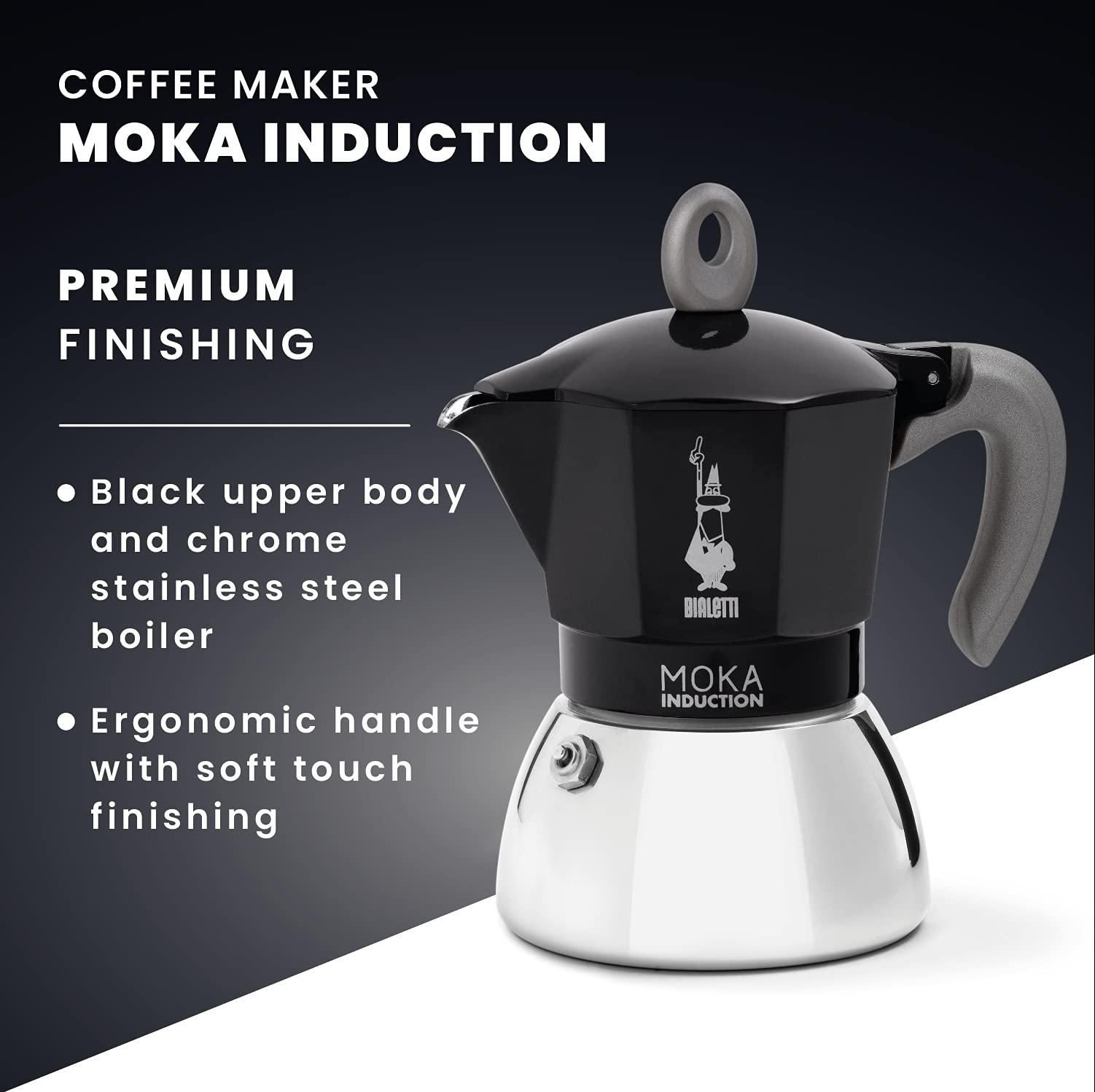 Bialetti New Moka Induction Coffee Maker Pot - 6 Cup (280ml) Aluminum Stovetop Espresso Maker, Black - Compatible with Induction & Gas Stoves - Italian Made - Perfect for Home, Office & Camping Coffee Brewing