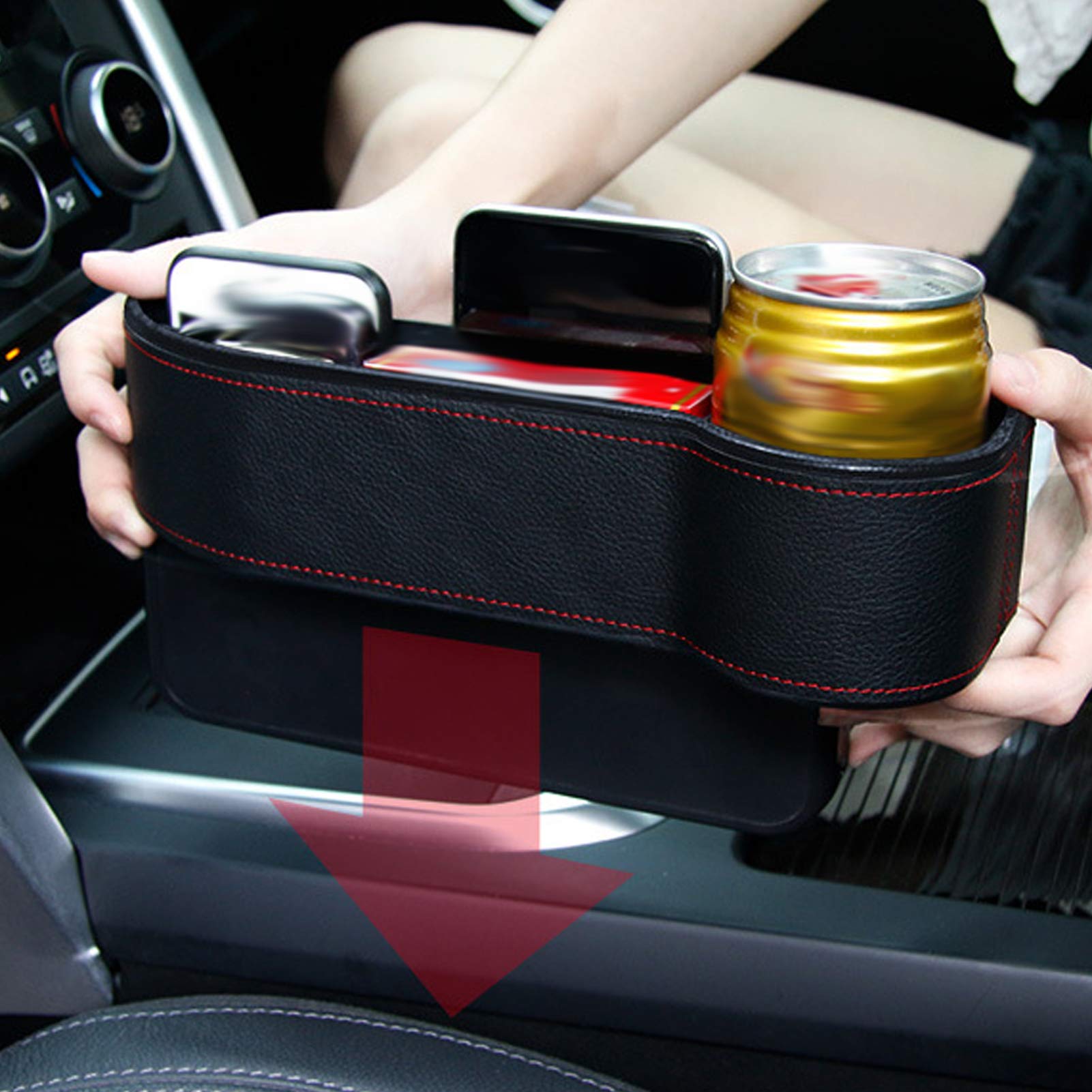 2 Pack Car Seat Gap Organizer - Side Storage Box with Cup Holder for Phones, Keys, Cards, Wallets & Sunglasses | Black | Perfect for Road Trips, Commuting & Family Travel