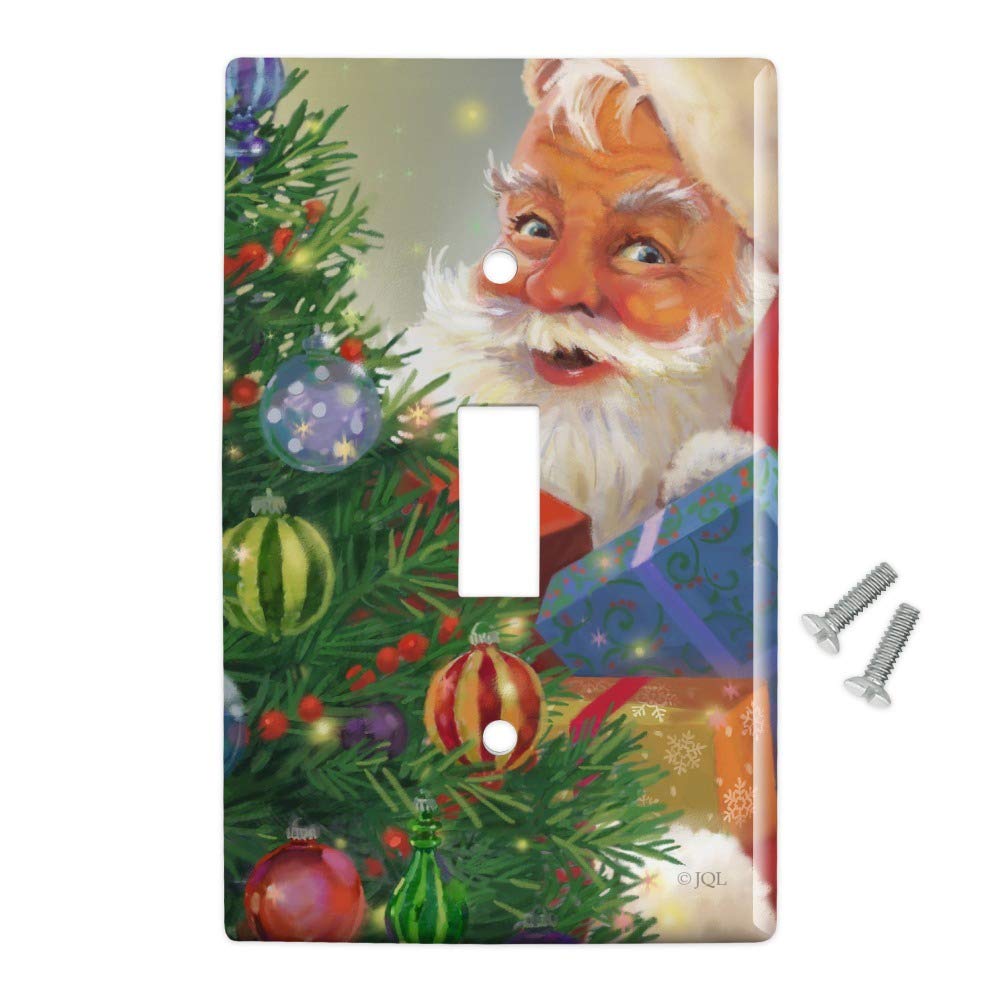 Christmas Santa Behind The Tree Plastic Wall Decor Light Switch Cover - Holiday Home Decor for Bedroom, Living Room, Office | Durable Toggle Switch Plate