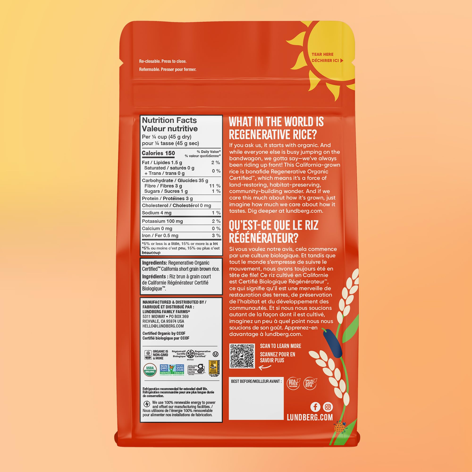 Lundberg Organic Short Grain Brown Rice - Regenerative Organic Certified, High Fiber, Gluten Free, Resealable 32oz Bag | Perfect for Healthy Meals, Vegan Recipes & Meal Prep