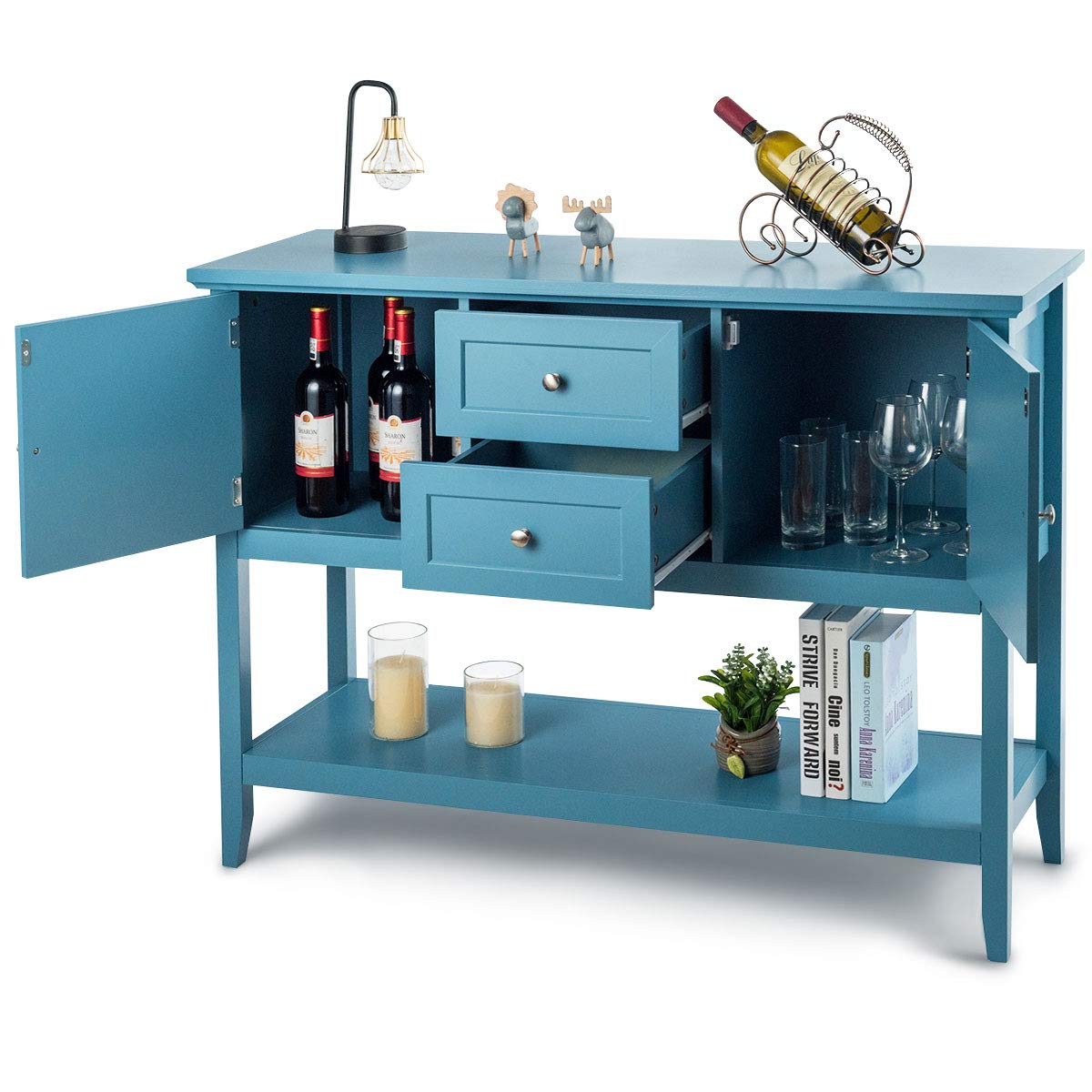 Furniga Wood Buffet Sideboard with Drawers & Cabinets for Living Room Dining Kitchen - Blue