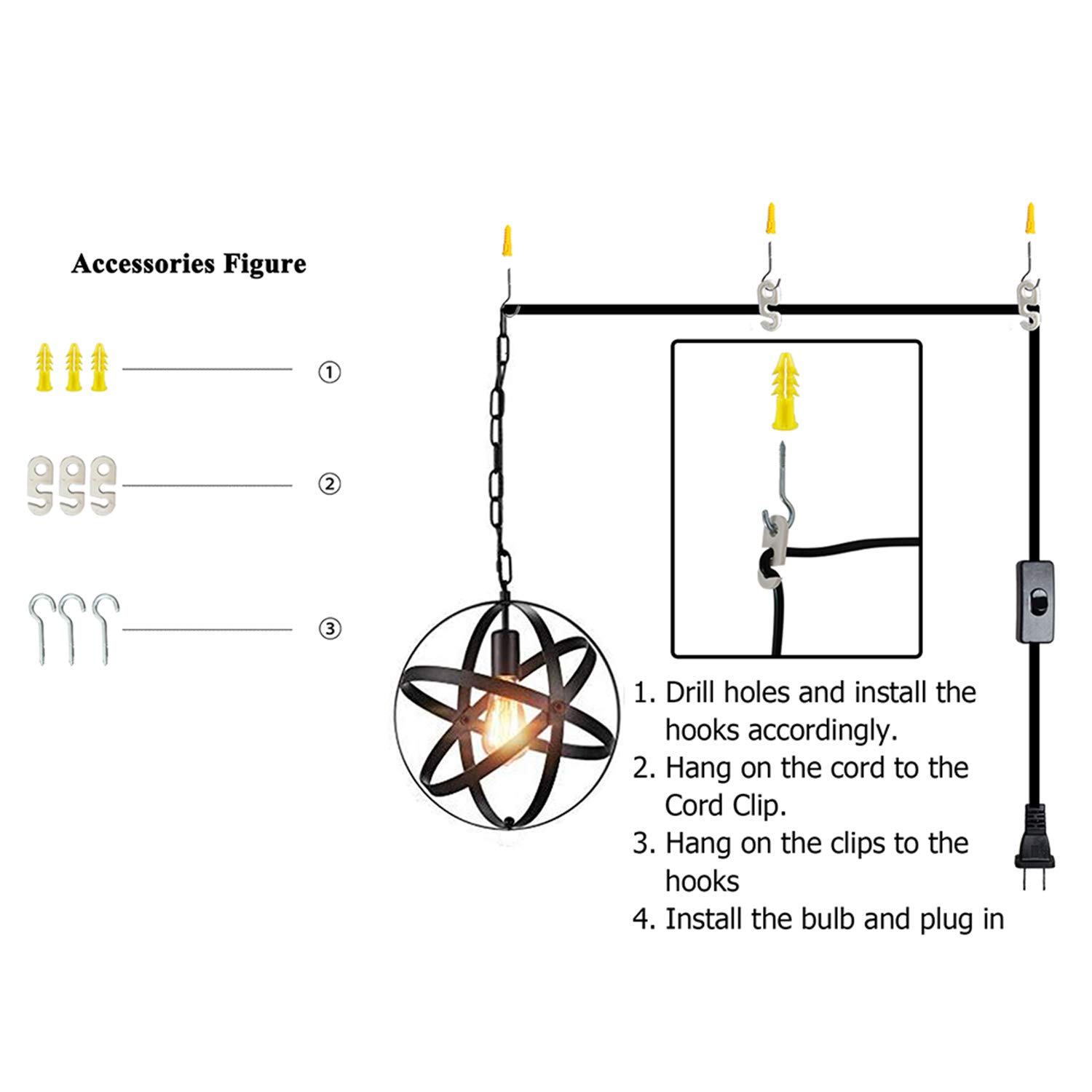 Tomshine Rustic Metal Plug-in Pendant Light - Farmhouse Chandelier for Kitchen, Dining Room, Bedroom & Living Room | Easy Installation Hanging Light Fixture for Home Decor