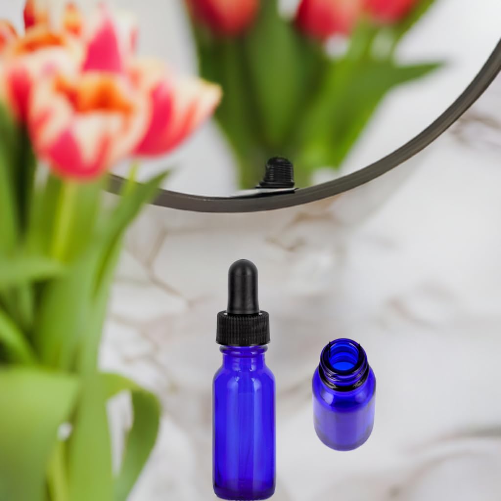 JUVITUS 6 Pack 0.5 oz (15ml) Cobalt Blue Glass Bottles with Black Dropper & Funnel - Essential Oil, CBD, DIY Beauty, Aromatherapy Storage Solution