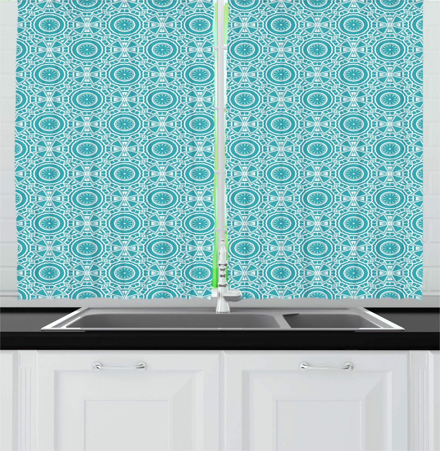 Ambesonne Boho Kitchen Curtains Set of 2 - Modern Abstract Mandala Pattern in Dark Seafoam & White - 55