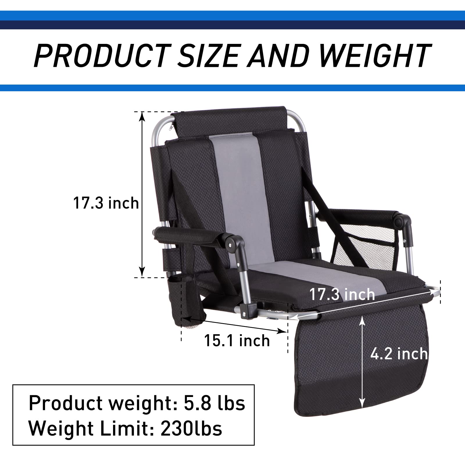 Portable Stadium Chair with Armrest & Back Support - Folding Bleacher Seat for Outdoor Events, Sports Games & Concerts - Includes Cup Holder, Mesh Storage Bag & Hide Hooks - Perfect for Football, Baseball, Camping & Picnics