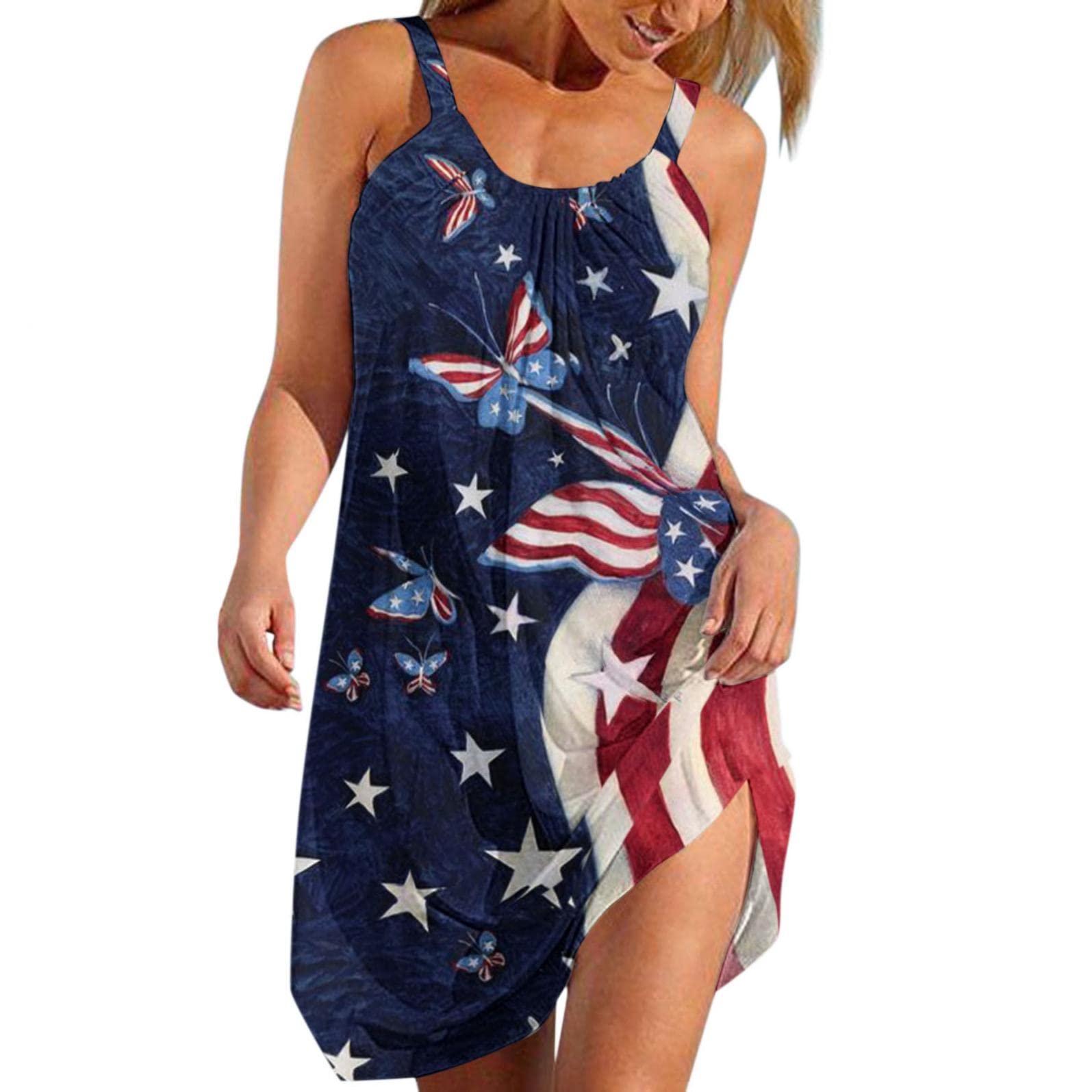 FABIURT Women's Summer Casual Sleeveless Tank Sundress - American Flag Print 4th of July Dress | Perfect for Beach Outings, Picnics, and Patriotic Celebrations