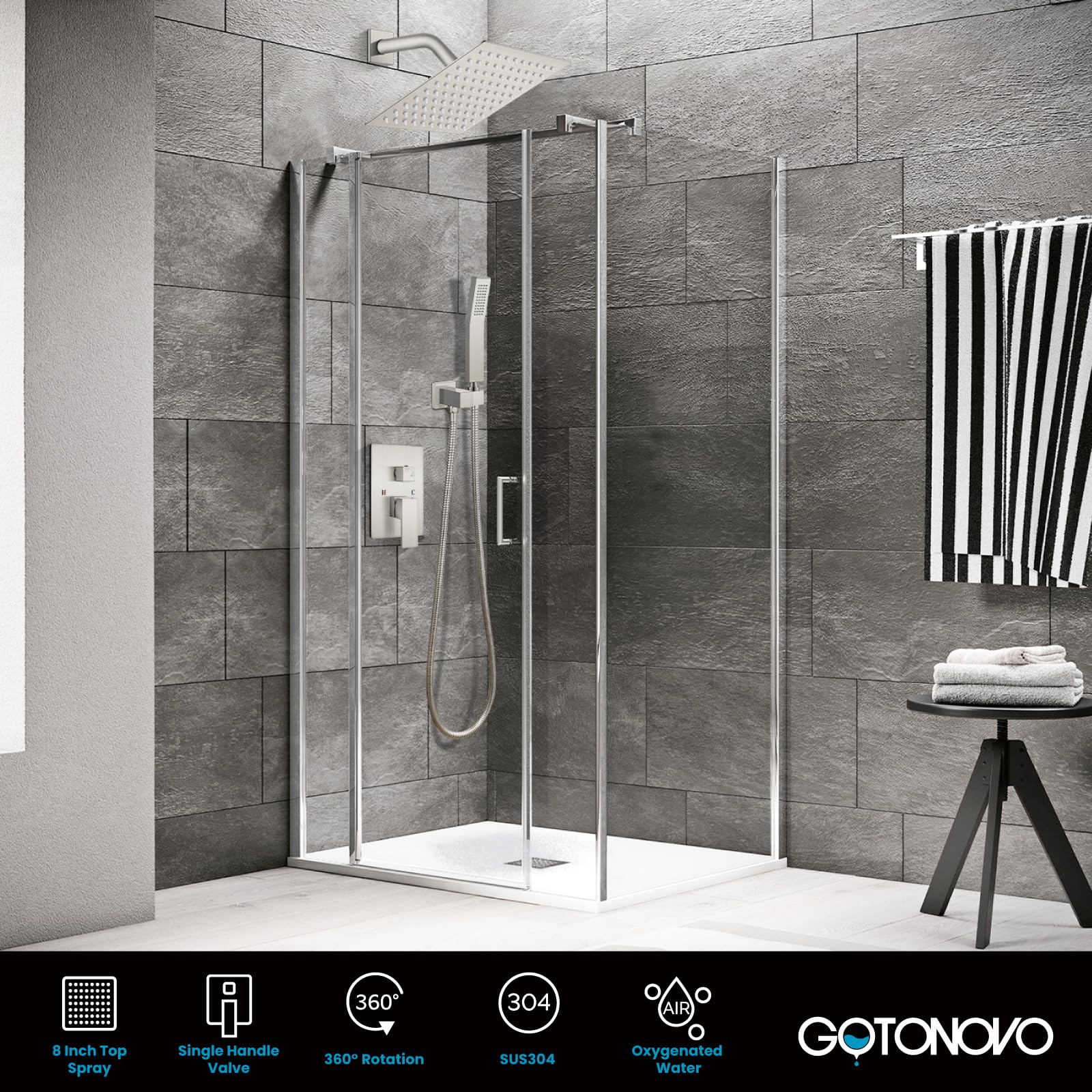 Gotonovo 8 Inch Rainfall Shower System - Brushed Nickel Wall Mounted Shower Head and Handle Combo with Solid Brass Pressure Balancing Mixer Valve - Perfect for Modern Bathroom Renovation and Spa-Like Shower Experience