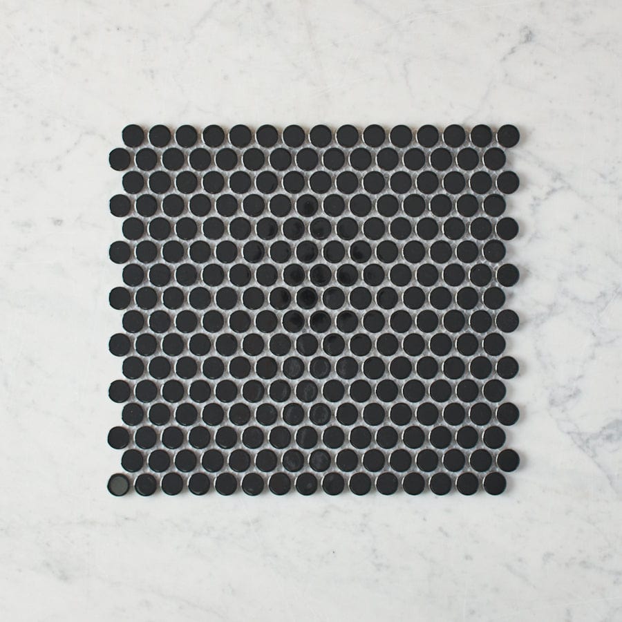 Premium Black Glossy Penny Round Mosaic Tile for Bathroom & Kitchen Backsplash - Waterproof Peel-and-Stick Ceramic Wall Tiles for Shower, Pool, and Home Decor
