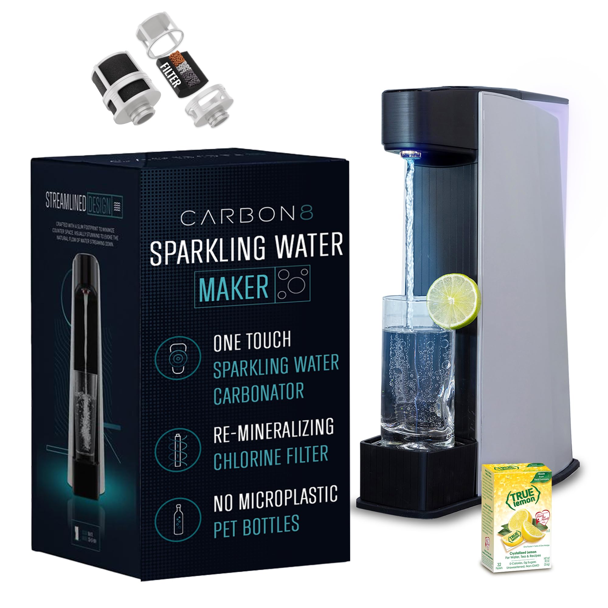 Carbon8 Sparkling Water Maker Machine - Home Soda Stream with Screw-In CO2 Carbonator, Countertop Water Mineralizer & Seltzer Maker - Perfect for Healthy Hydration, Parties & Home Bars (CO2 Cylinder Not Included, Aluminum)