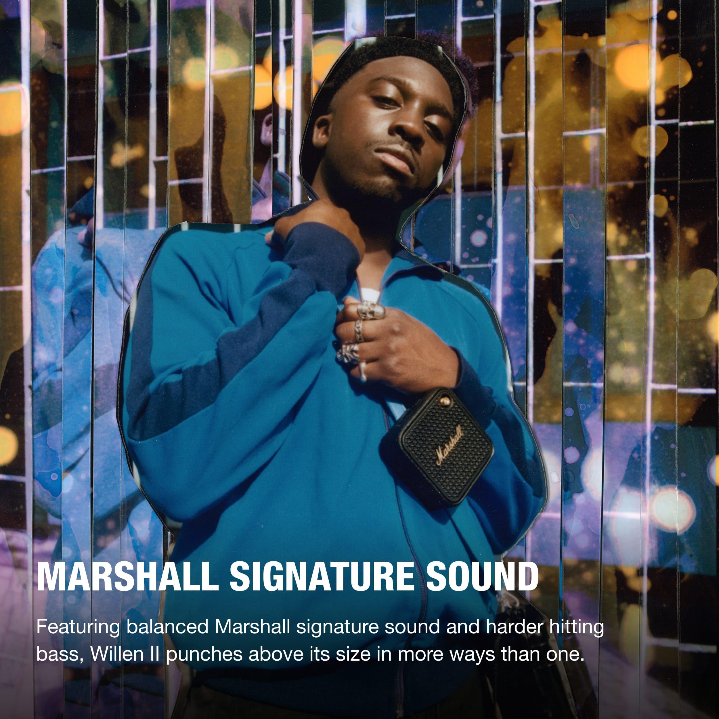 Marshall Willen II Bluetooth Portable Speaker - Wireless Outdoor Speaker with Rich Bass, IP67 Waterproof, 15+ Hours Playtime - Perfect for Travel, Beach, Camping & Home Use (Black & Brass)