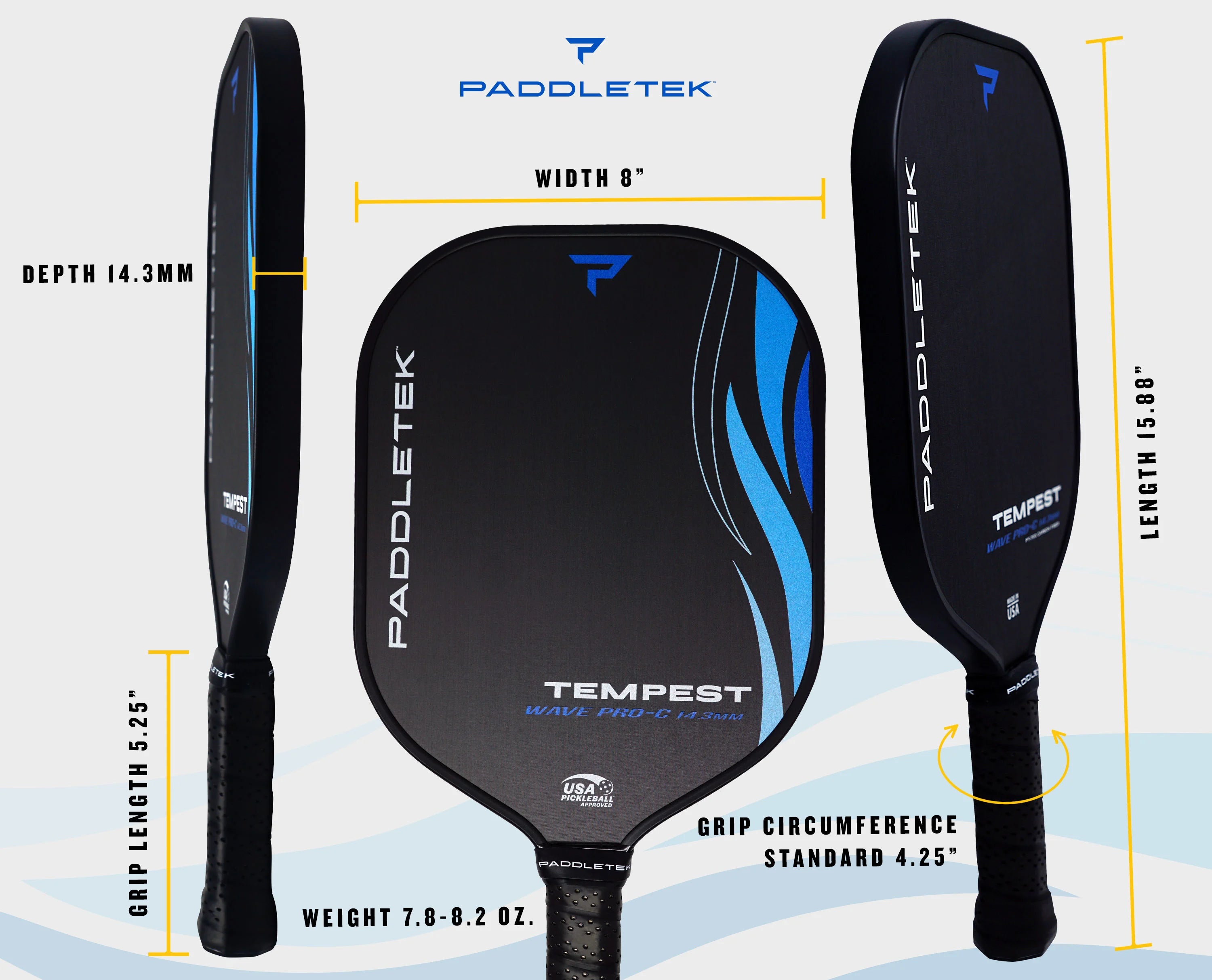 Paddletek Tempest Wave Pro C 14.3 Pickleball Paddle - Premium Carbon Fiber Paddle for Competitive Play & Tournament Use - Perfect for Outdoor & Indoor Pickleball Games