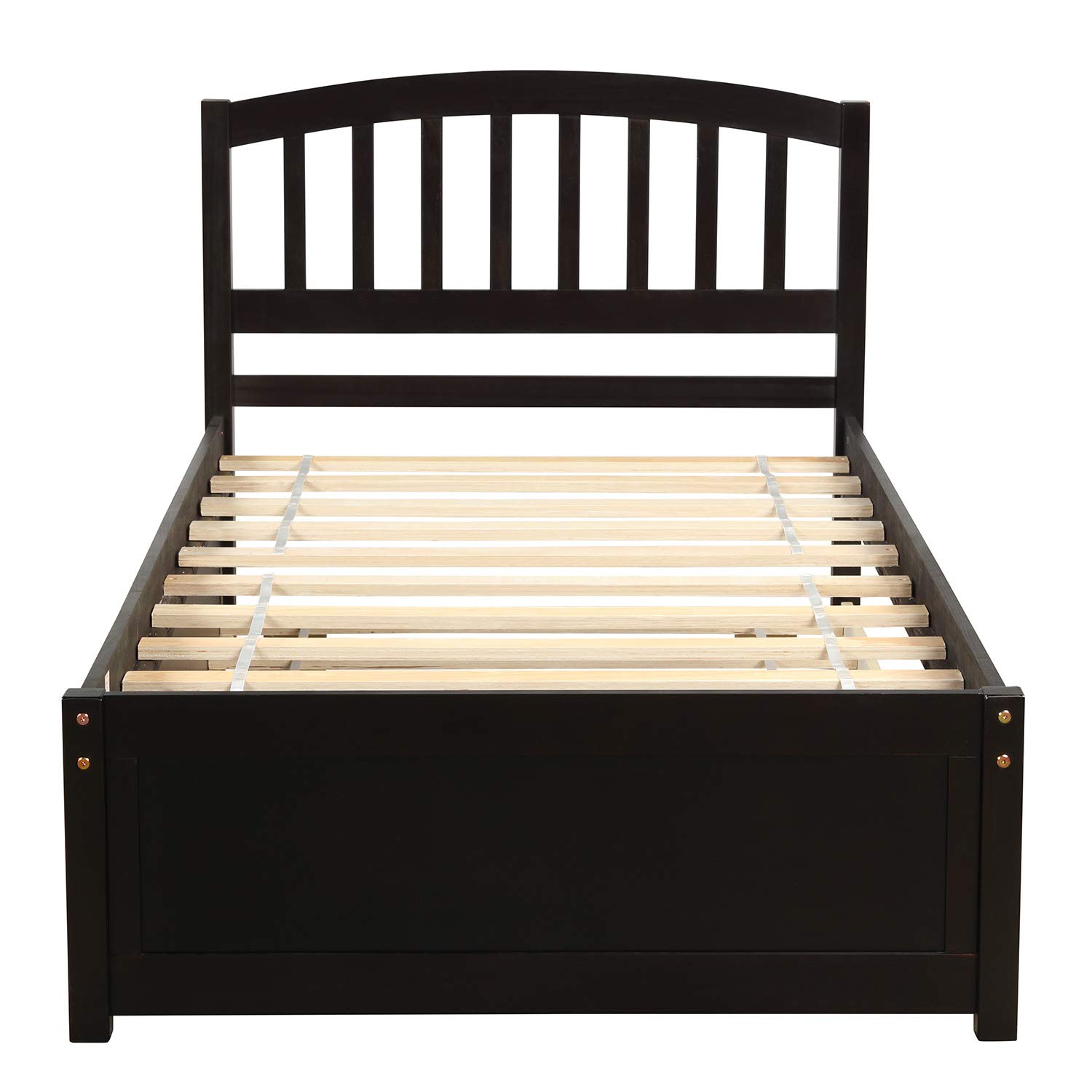Merax Twin Size Wooden Platform Bed Frame with Trundle Headboard - No Box Spring Needed - Espresso Finish - Perfect for Kids Rooms, Guest Beds & Small Spaces