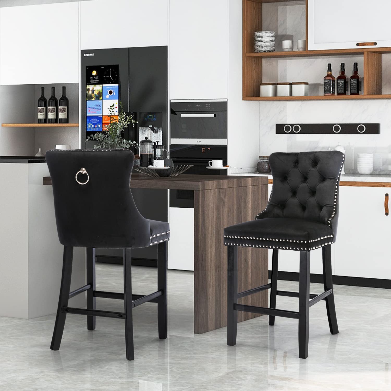 SoarFlash Modern Velvet Upholstered Bar Stools Set of 2 - Wooden Legs, Button Tufted Design with Chrome Nailhead Trim, Armless Counter Height Stools for Kitchen Island, Breakfast Bar or Home Decor (Black)