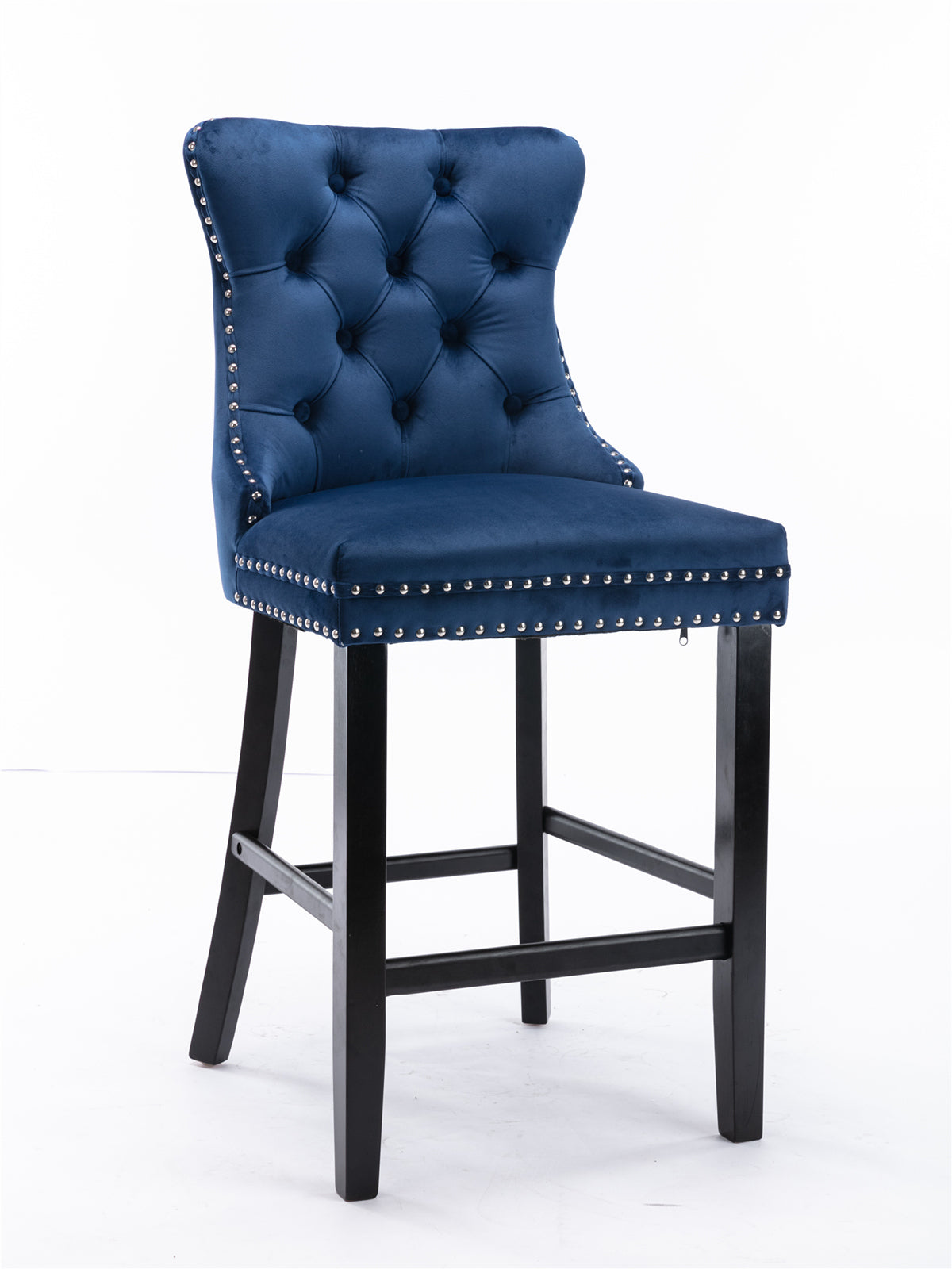Modern Velvet Upholstered Bar Stools with Button Tufted Back & Wooden Legs - Chrome Nailhead Trim Accent - Set of 2 Blue Bar Chairs (SW2002BL) for Kitchen Island, Breakfast Nook & Home Bar Decor