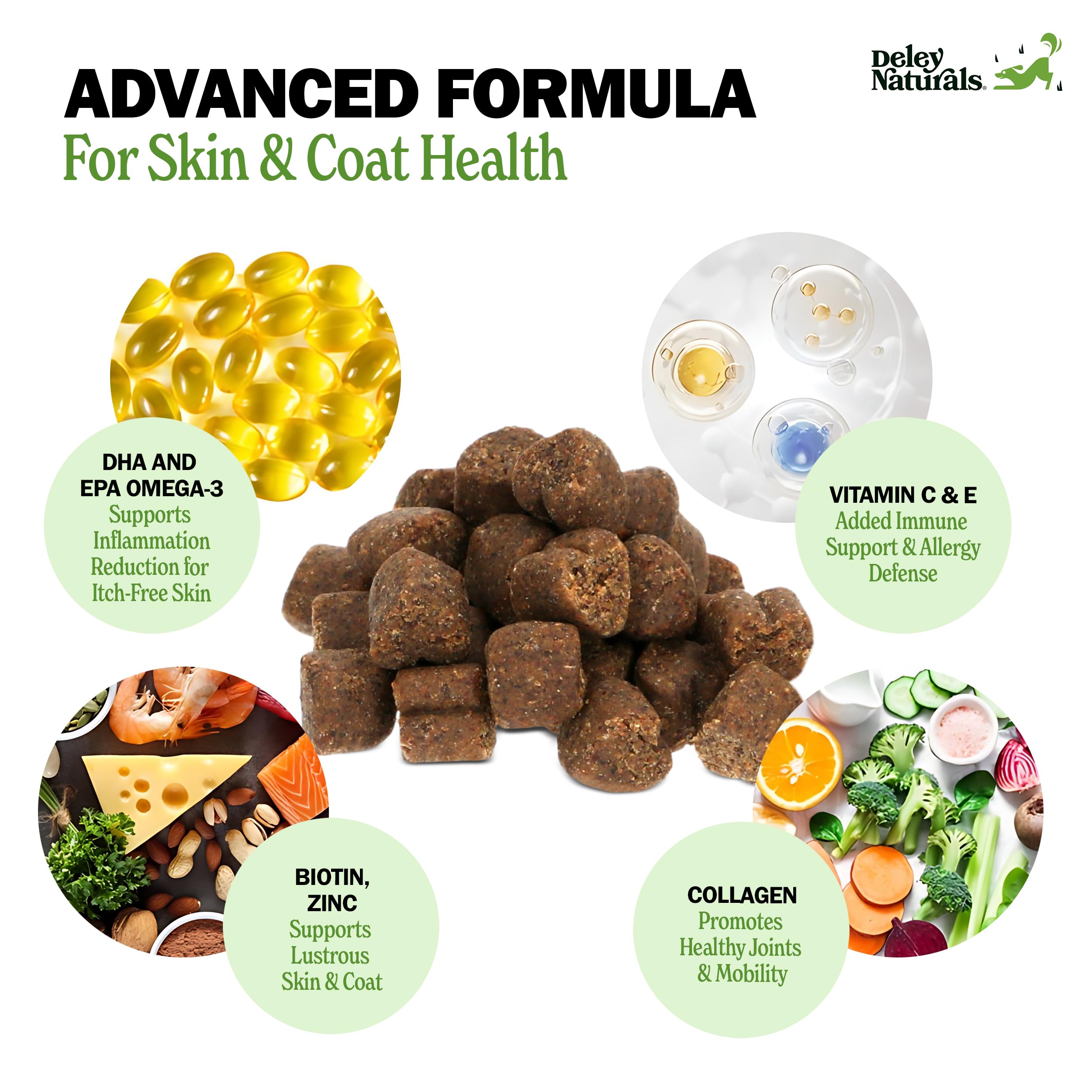 Deley Naturals Dog Chews for Skin and Coat - Omega 3 Fish Oil Supplement with DHA, EPA, Biotin & Collagen - Allergy Relief for Dogs - Itch & Dry Skin Support - Vitamins C, E & Zinc - 90 Soft Chews for Small, Medium & Large Dogs - Perfect for Daily Skin & Coat Care