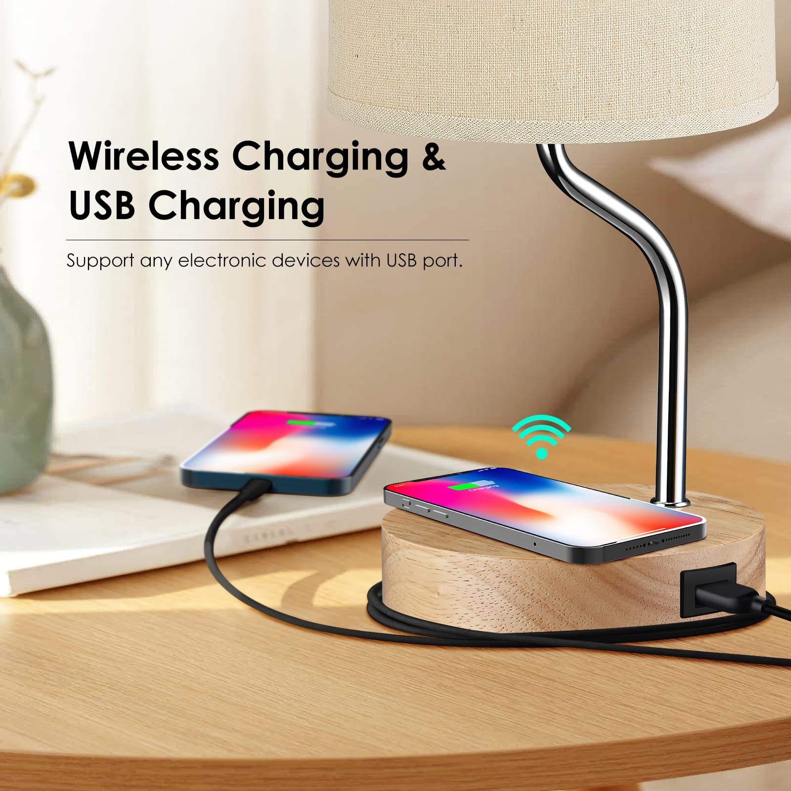 Wireless Charging Bedside Table Lamp with USB Port - 3-Way Dimmable Touch Control LED Desk Lamp for Bedroom, Wooden Nightstand Lamp with Fabric Shade for Living Room, Kids Room, Dorm & Office | Perfect for Reading, Working & Nighttime Use