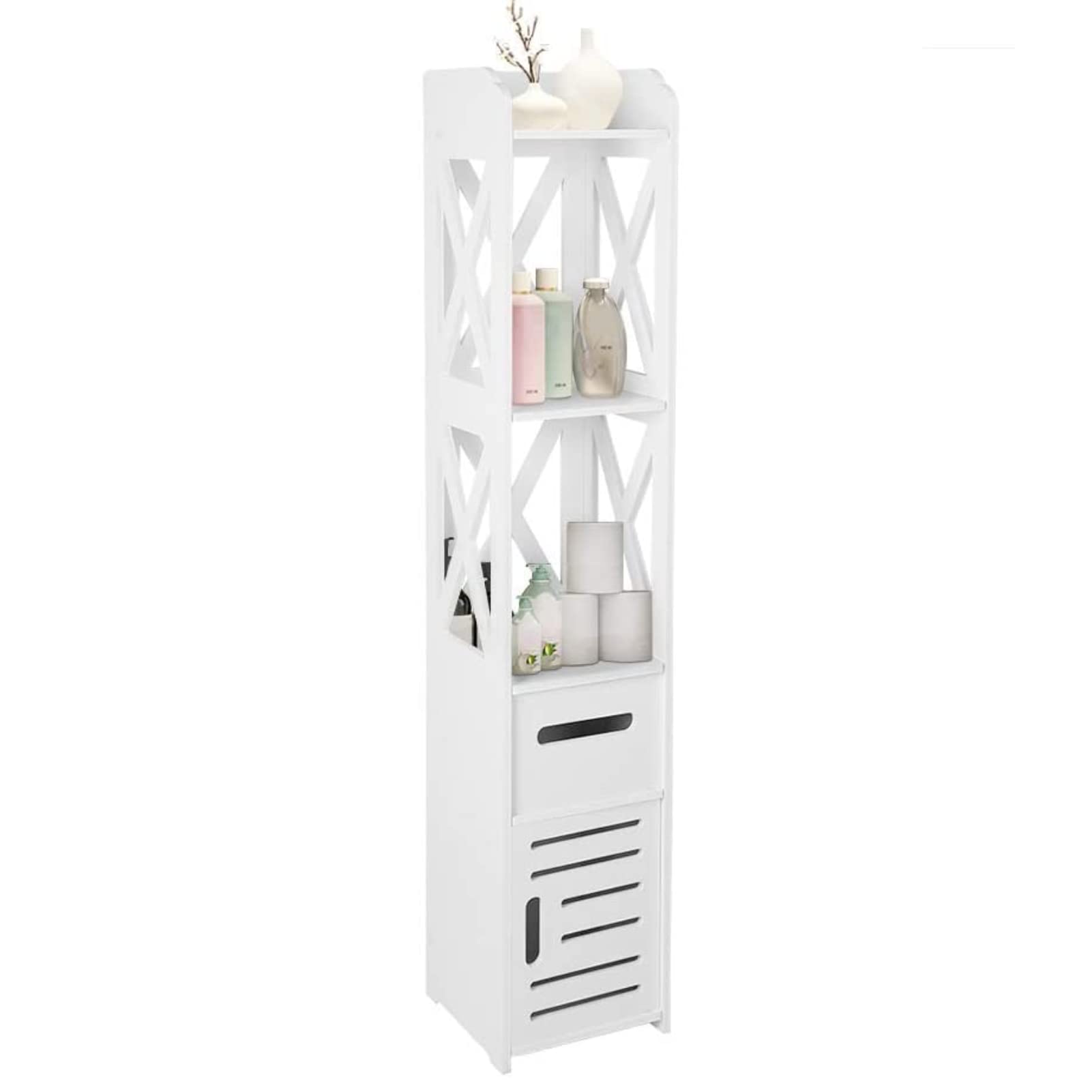 Cocoarm Multifunctional Tall Tower Storage Cabinet - White Wooden Bathroom Floor Cabinet with Shelves, Organizer for Bathroom, Bedroom, Living Room (Set of 2) - Perfect for Storing Towels, Toiletries, and Home Decor