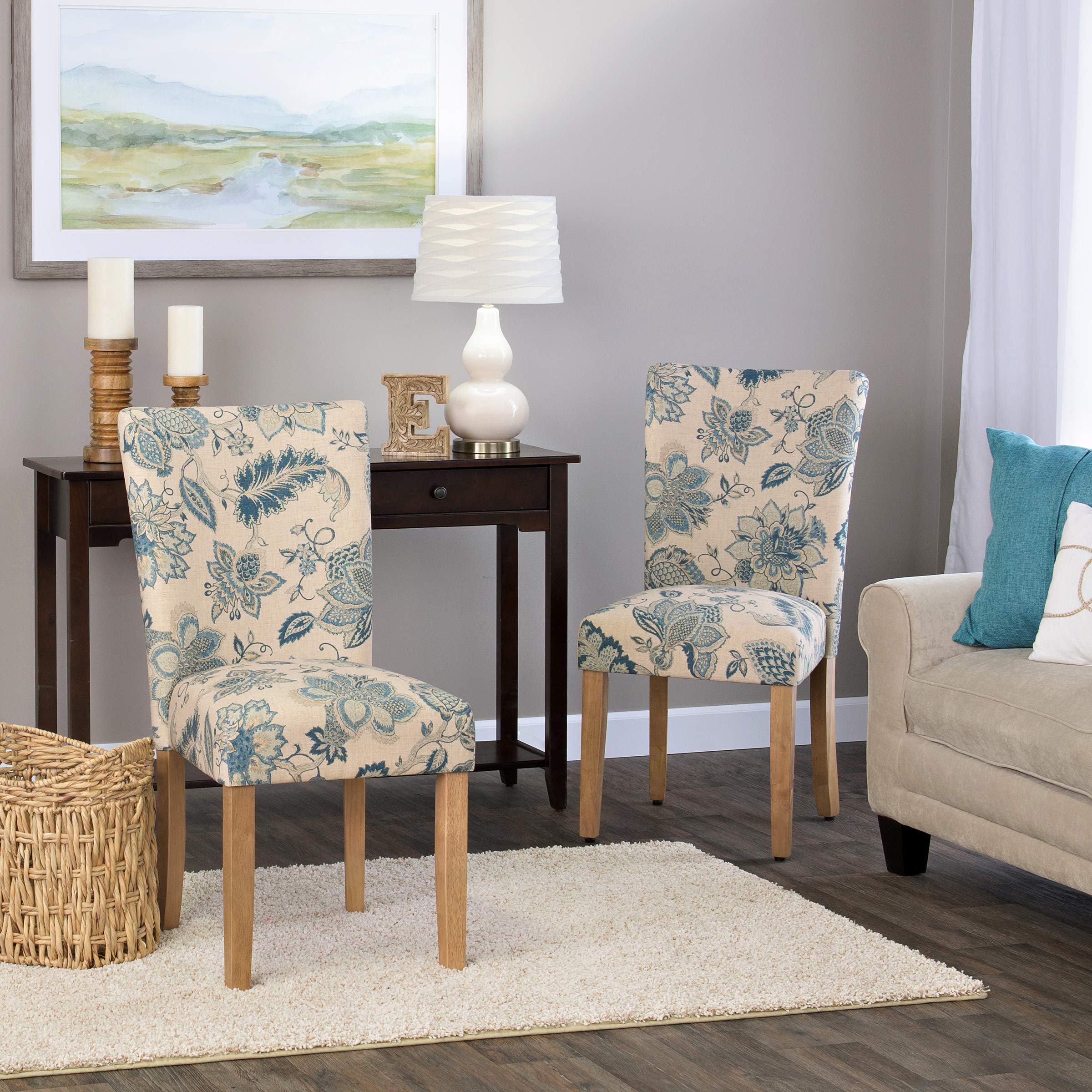 HomePop Parsons Classic Upholstered Accent Dining Chairs - Set of 2, Blue Jacobean Fabric - Modern Kitchen & Dining Room Furniture for Home Decor