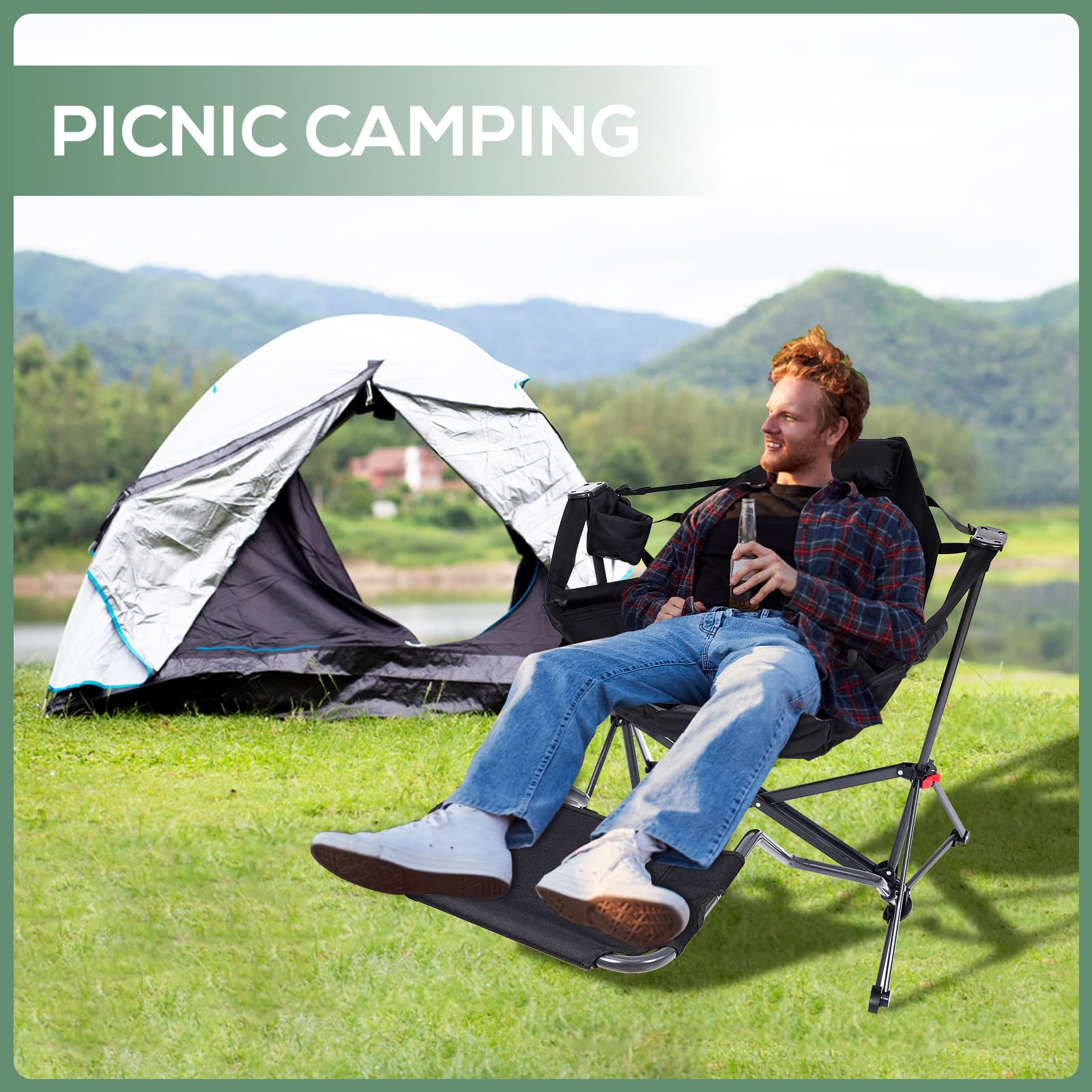 Portable Hammock Chair with Footrest - 2 Pack Lightweight Camping Rocker Swing Chair for Outdoor, Backyard, Patio & Travel - Includes Cup Holder & Storage Pocket - Perfect for Camping, Picnics, Beach & Relaxation