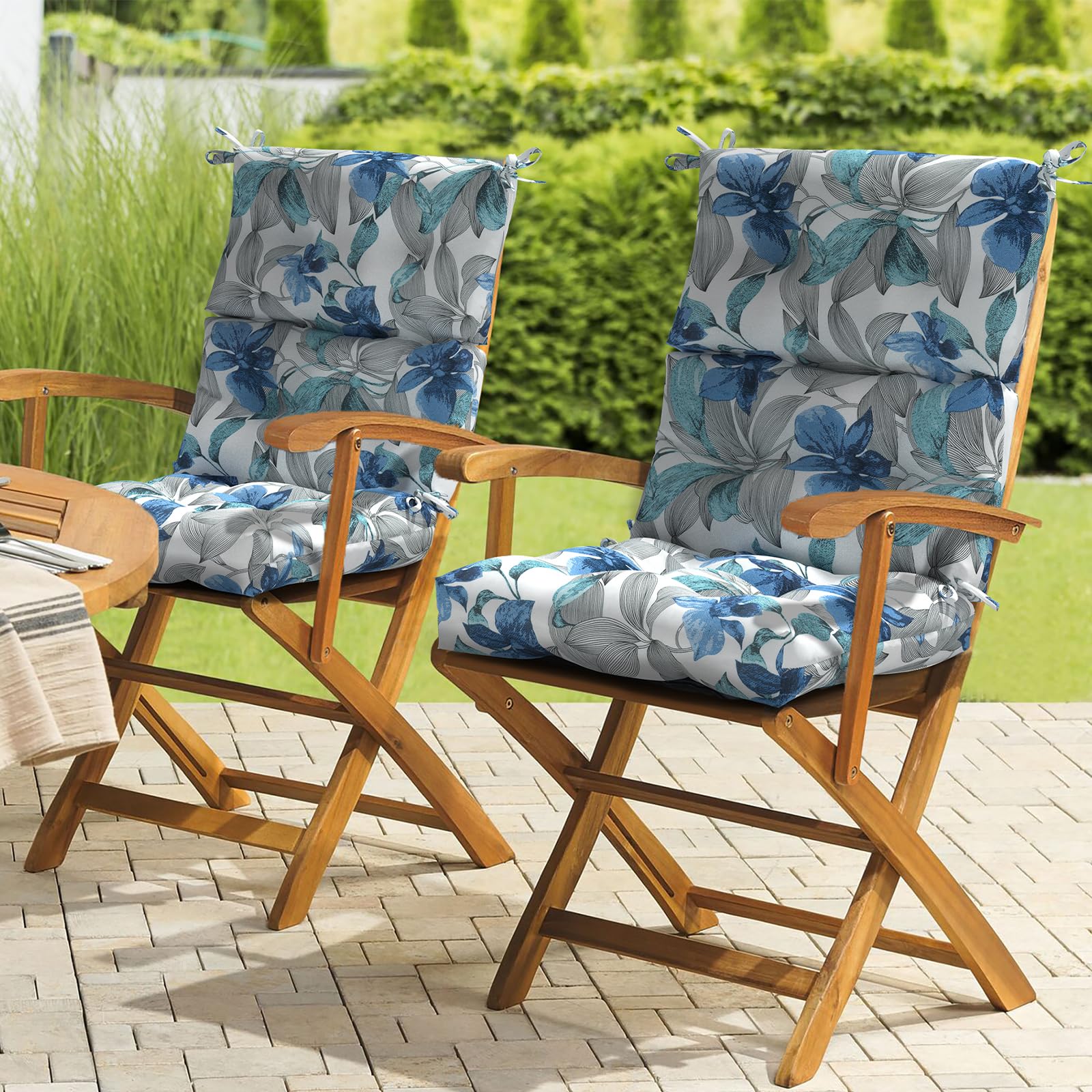 LVTXIII Outdoor Tufted High Back Cushions Set of 2 - Patio Rocking Chair Replacement Cushions with Ties, Solid Seat & Back Support (44”L x 22”W, Clemens Noir Blue) - Perfect for Porch, Garden & Outdoor Relaxation