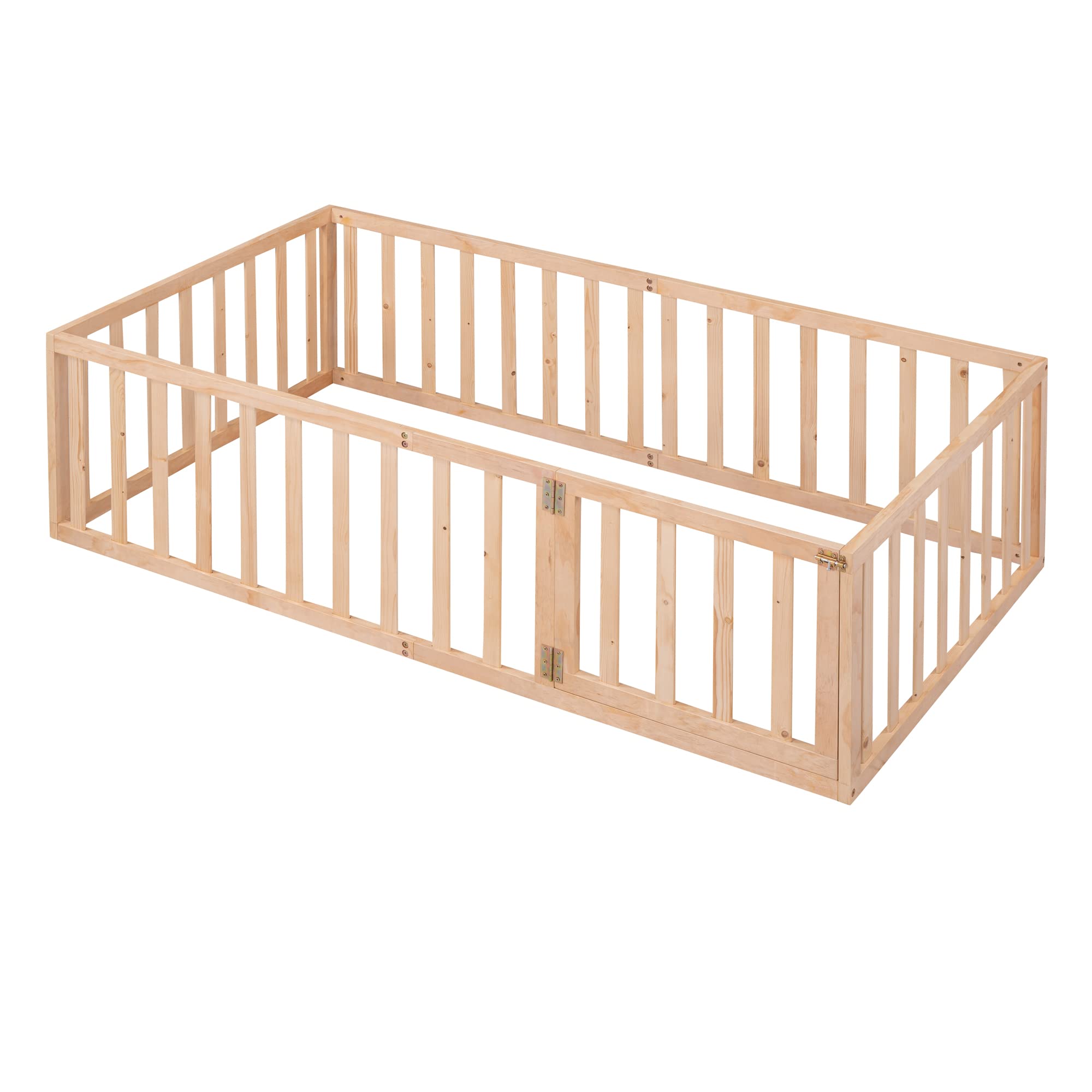 Bellemave Twin Floor Bed with Safety Fence & Door - Montessori Kids Bed Without Slats - Natural Wood Toddler Bed for Boys & Girls - Perfect for Montessori Bedrooms & Safe Sleep Training