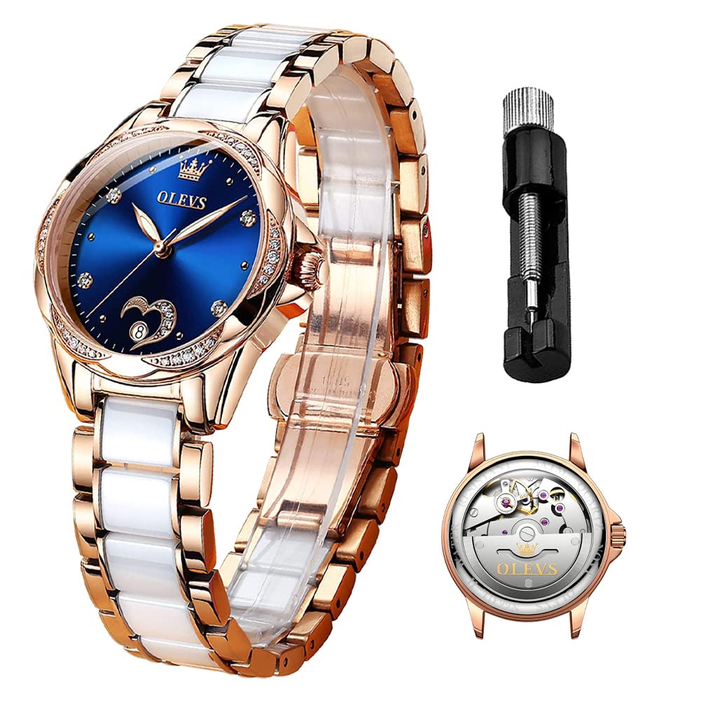 OLEVS Women's Rose Gold Automatic Self-Winding Mechanical Watch with Diamond Dial & Ceramic Strap - Luxury Elegant Dress Watch for Women - Waterproof - Perfect for Business, Party & Formal Occasions