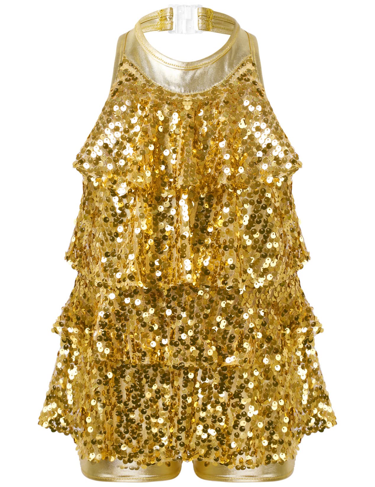 Sparkly Sequined Dance Dress for Girls - Jazz Latin Salsa Rumba Performance Leotard Costume (Gold, Size 8 Years) | Perfect for Dance Recitals, Competitions & Special Occasions