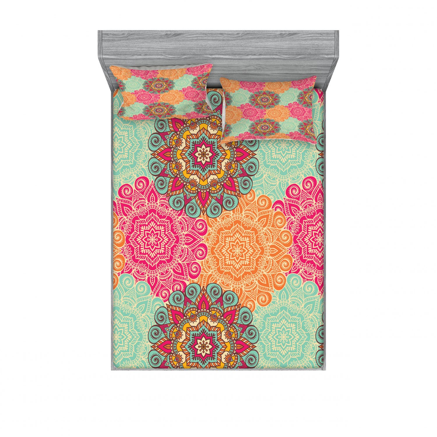 Vintage 2-Piece Full Size Fitted Sheet Set with 4 Pillow Shams - Tribal Mandala Pattern Bedding in Fuchsia & Orange | Boho Chic Home Decor for Guest Rooms, Dorms & Airbnb Listings