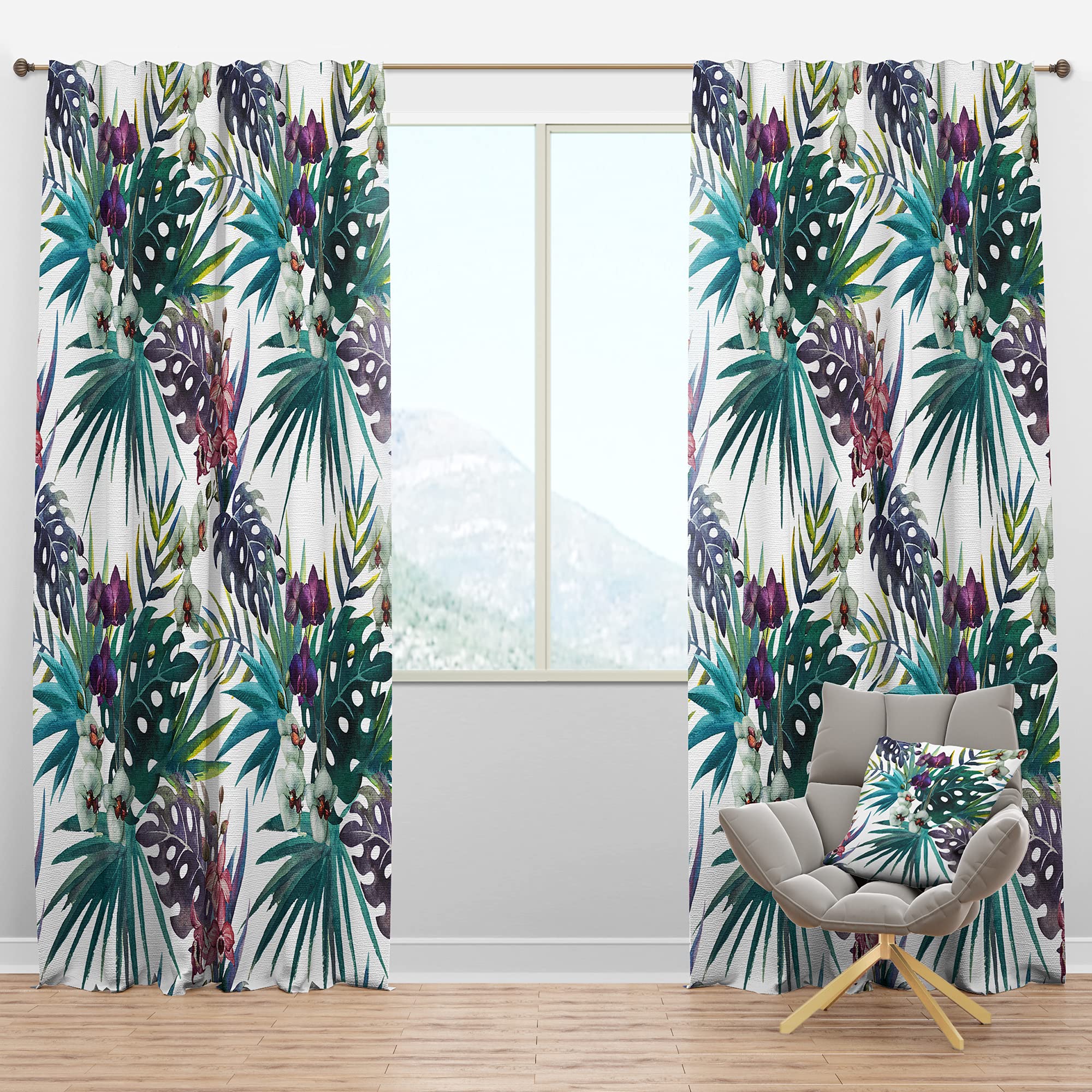 DesignQ Blackout Curtains - Thermal Insulated Single Panel (52x95 inches) - Watercolor Tropical Orchid Hibiscus Leaves Pattern for Bedroom & Living Room | Energy Saving, Light Blocking & Noise Reduction for Better Sleep & Privacy