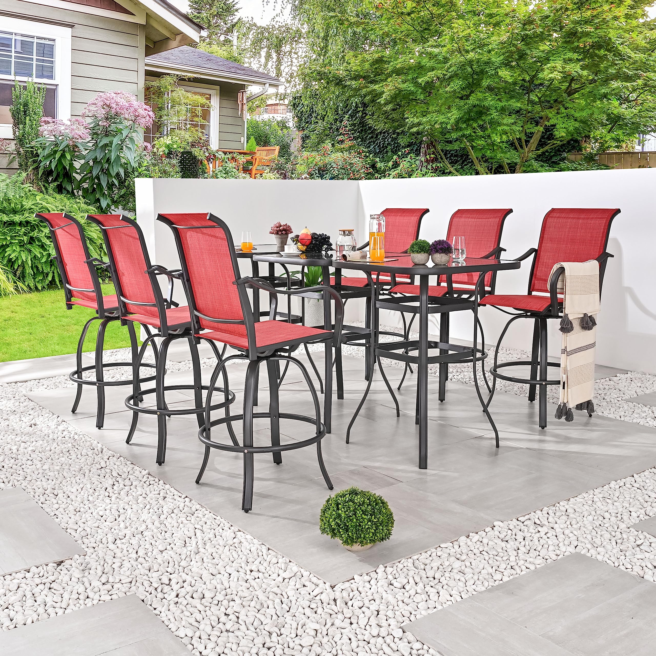 9-Piece Outdoor Patio Swivel Bar Stool Set with 3 Glass Top Tables - All-Weather Bistro Height Dining Chairs for Backyard, Poolside & Restaurant Use (Red) - PatioFestival Durable Patio Furniture